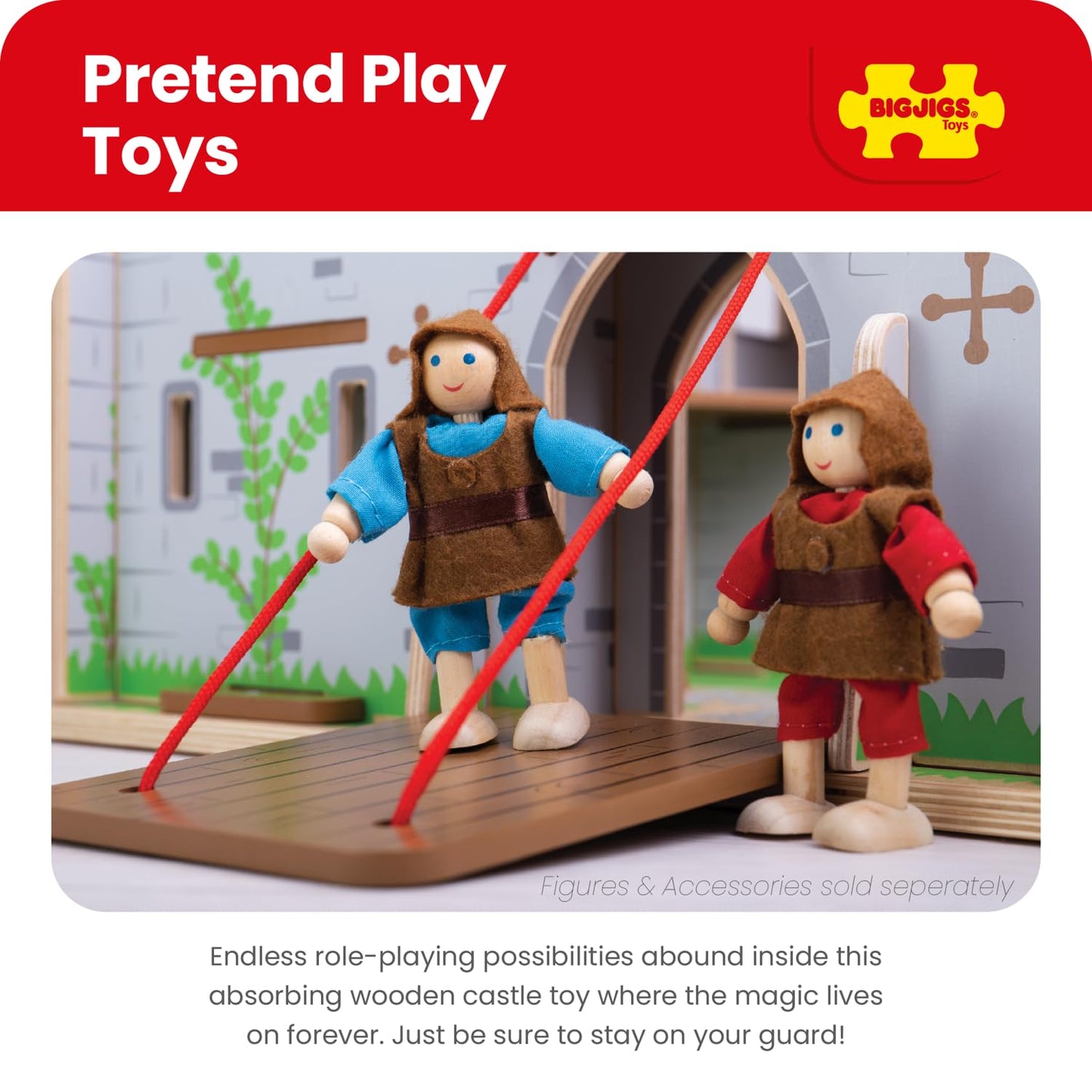 Bigjigs Toys King George's Castle – Wooden Medieval Fort Playset with Drawbridge, Balconies & Doors, Fantasy Role Play Toy for Kids 3+