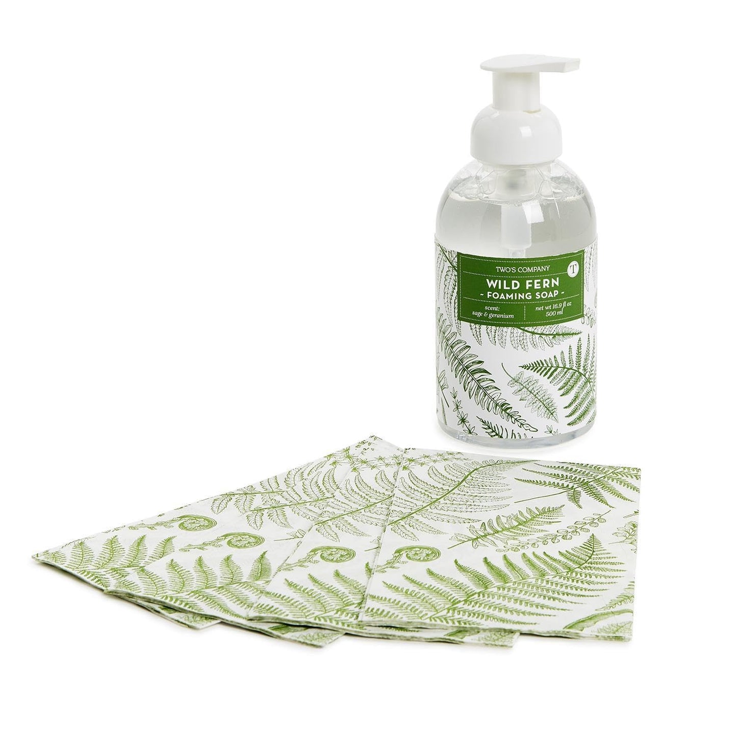 Two's Company Wild Fern Foaming Hand Soap 16.9 oz with 20 Disposable Guest Towels - Sage Geranium Scent Bathroom Set