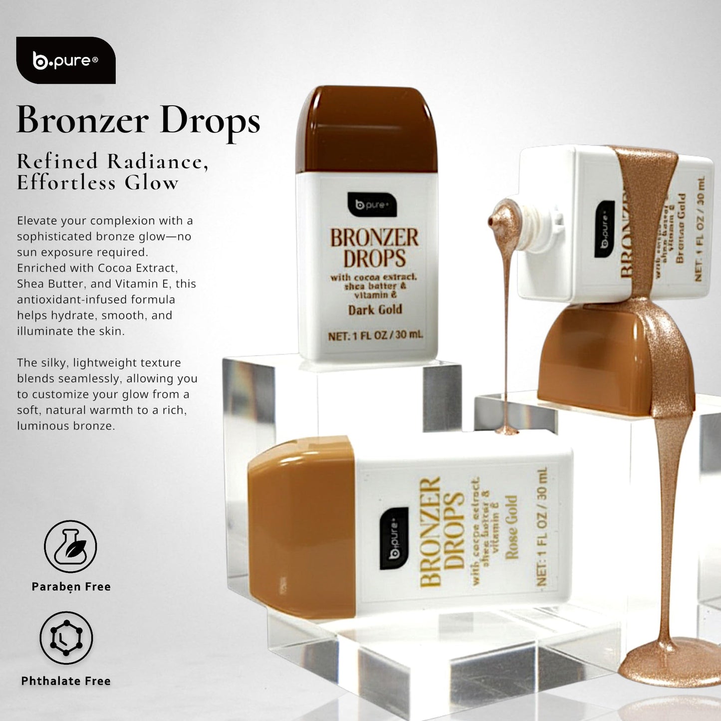 b.pure Moisturizing Bronzer Drops | Dark Gold | Tinted Face & Skin Glow Enhancer | 1 oz, 3-Pack