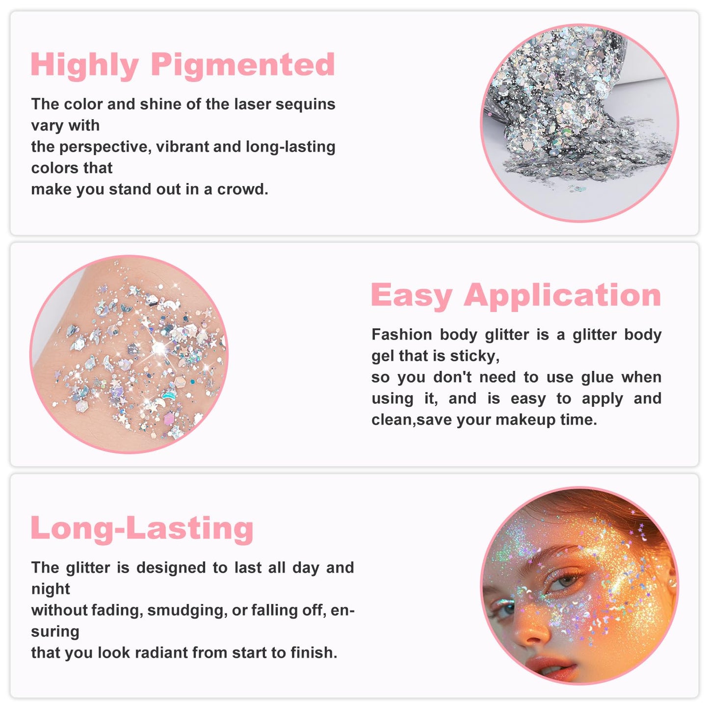 Pink Body Glitter Gel for Face, Hair and Makeup - Festival Rave Chunky Sparkling Halloween Glitter for Women