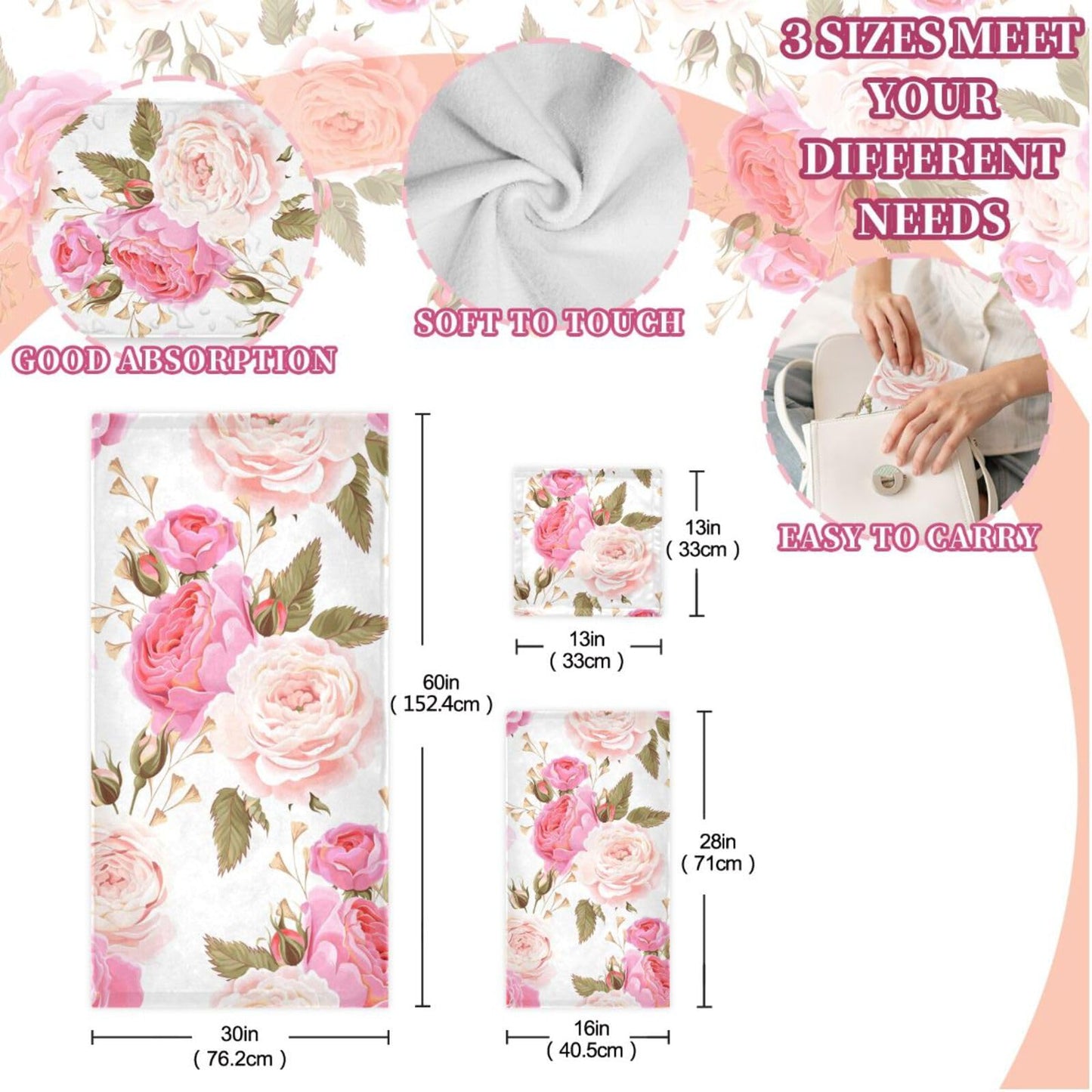 susiyo 3 Piece Bath Towel Set, Soft Highly Absorbent Bathroom Towels Beautiful Floral Pink Roses Fashion Print Quality Towels (Set of 3, 1 Bath…