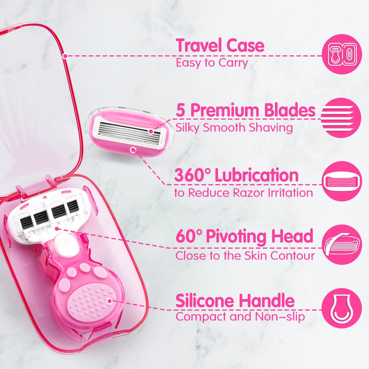 DreamGenius Travel Razors for Women, Travel Size Toiletries Include 1 Handle and 2 Cartridges, Extra Smooth 5-Blade Travel Essentials Razor with Case Beauty and Personal Care DreamGenius