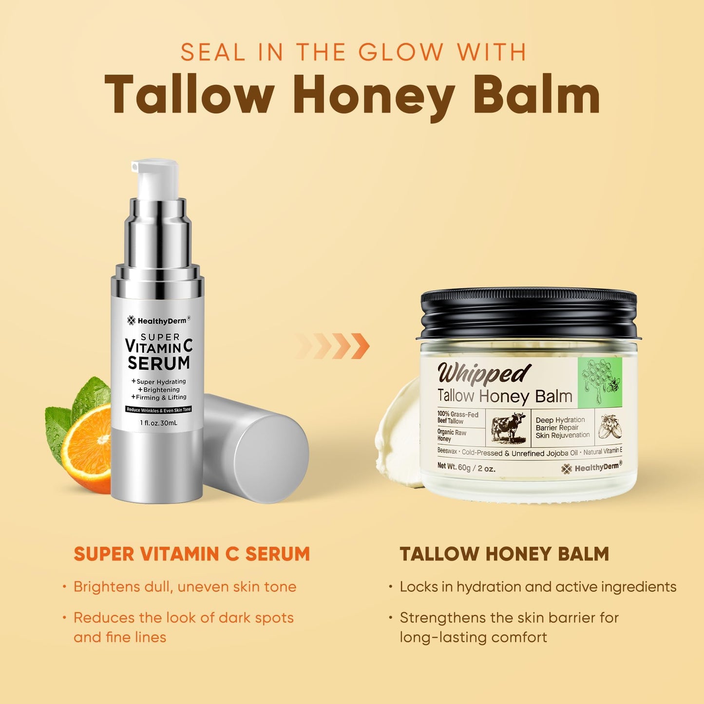 Beef Tallow Honey Balm for Skin: 100% Grass Fed Organic Moisturizer with Organic Raw Honey, Jojoba Oil, Vitamin E - Natural Face and Body Care Beauty and Personal Care HealthyDerm