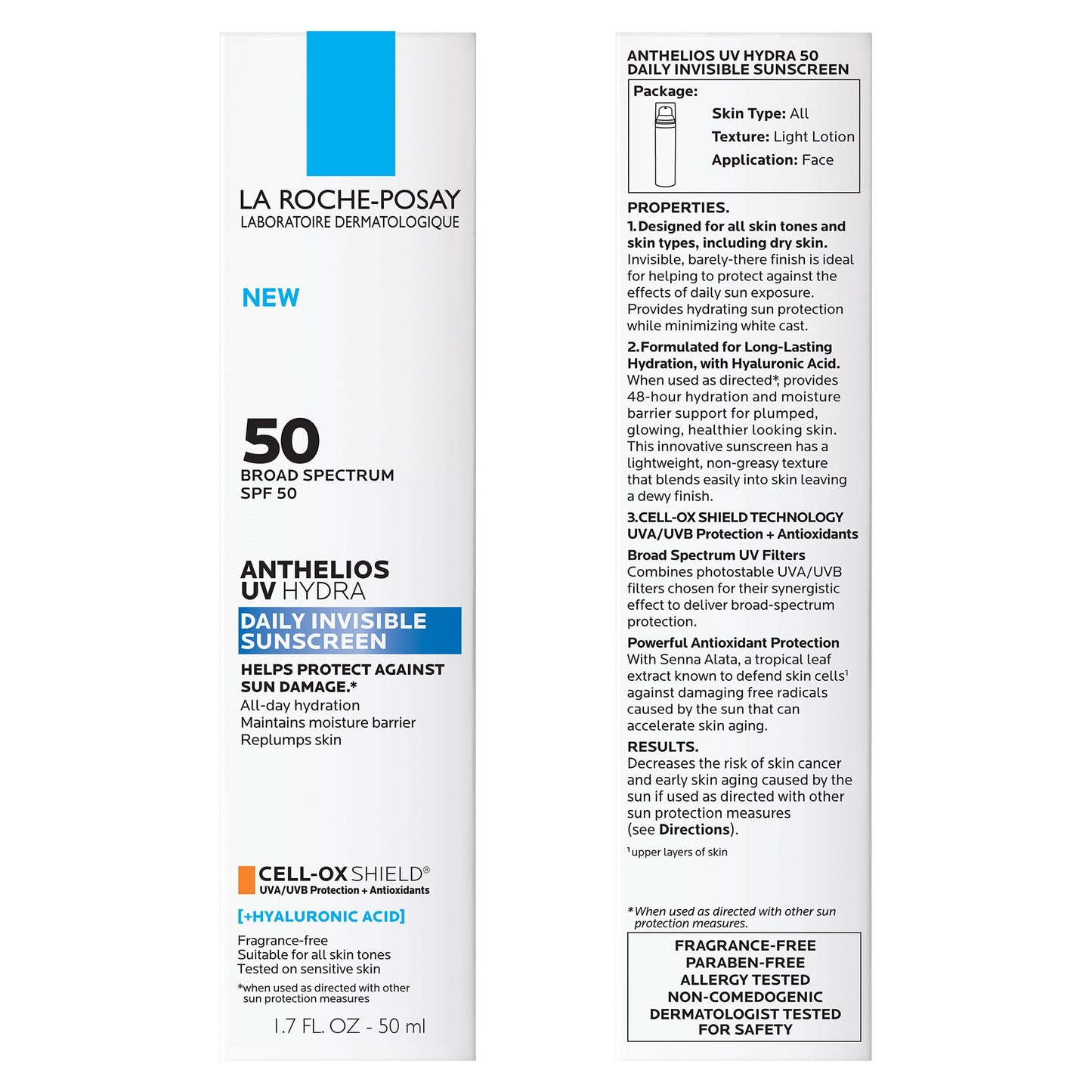 La Roche Posay Anthelios UV Hydra Sunscreen SPF 50, Daily Hydrating Sunscreen for Face with Hyaluronic Acid and Vitamin E, Broad Spectrum Invisible Beauty and Personal Care La Roche-Posay