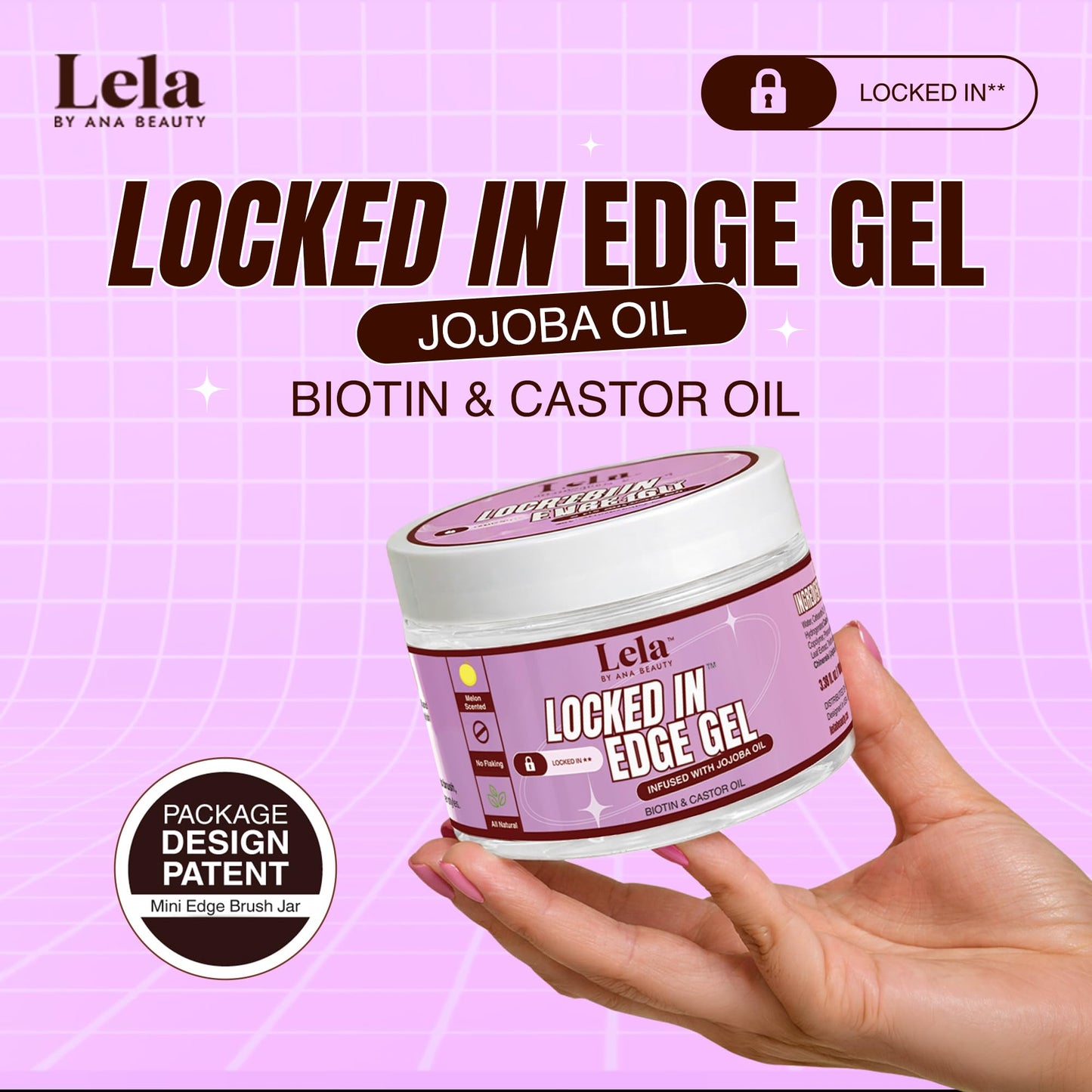 Lela Beauty Locked In™ Edge Gel with Jojoba, Biotin, Castor Oil & Melon Scent - Travel Friendly Styling with Mini Edge Brush - Long Lasting