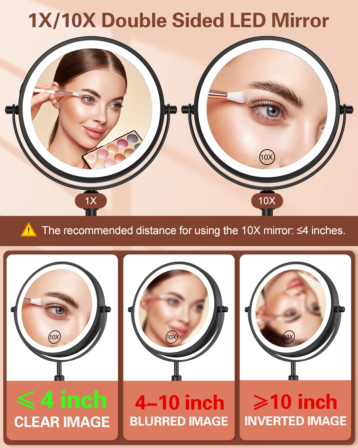 Benbilry Lighted Makeup Mirror with 10X Magnification & 3 Color Lights, Adjustable Brightness & Height, 7 Inch 360° Swivel Rechargeable LED Magnifying