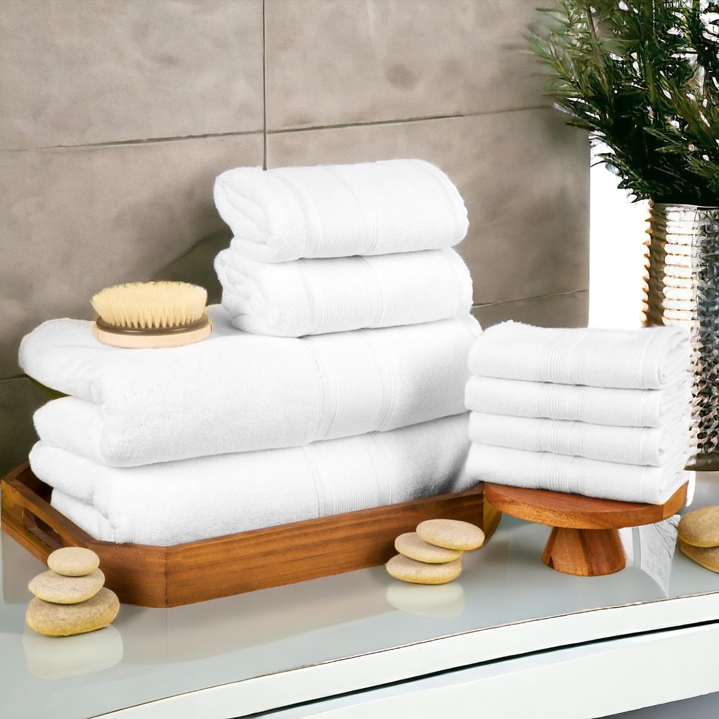 Luzia 8 Piece Bathroom Towel Set - 100% Turkish Cotton, Premium Quality - 2 Bath Towels 2 Hand Towels and 4 Washcloths (White)