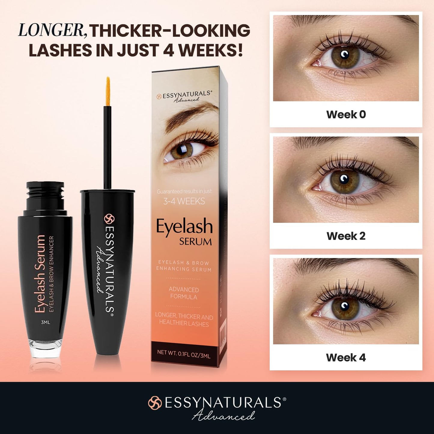 Essynaturals Premium Eyelash Growth Serum for Longer, Fuller, Thicker Lashes