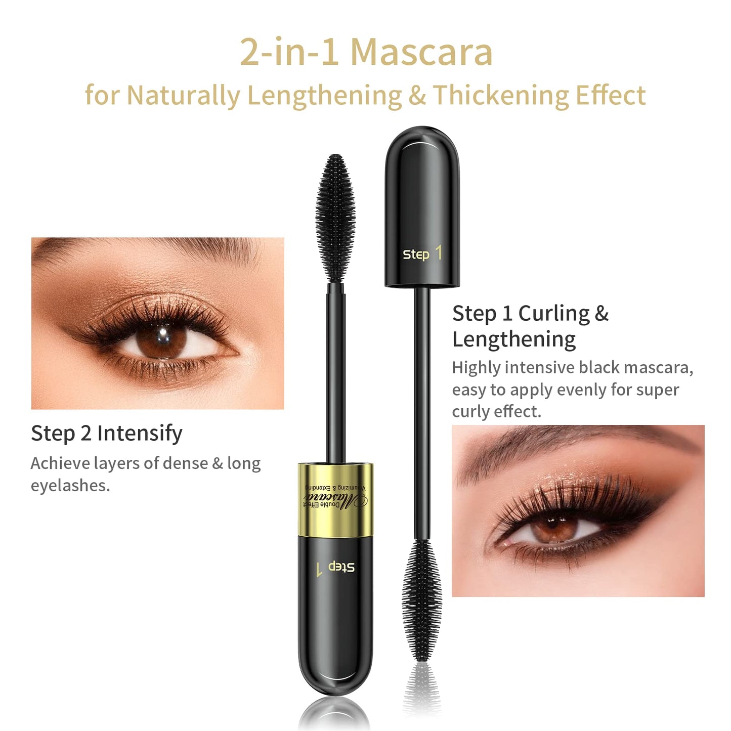 2 in 1 Lash Mascara - 4D Lashes Mascara with black Mascara for 5x Longer Waterproof Wear lasting No Clumping Superstrong (2-1PCS)