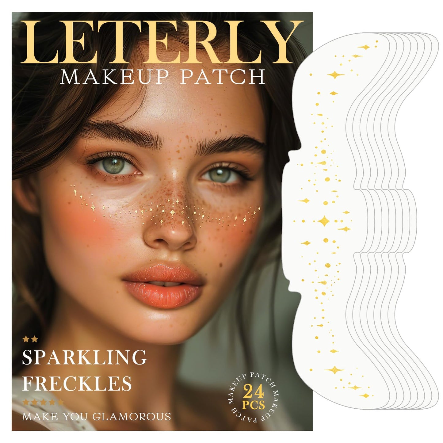 Leterly 24 Pcs Glitter Freckles Face Tattoo,Gold Face Glitter Makeup Patches Cute Sparkle Freckles Patches Waterproof Makeup Speckles for Face