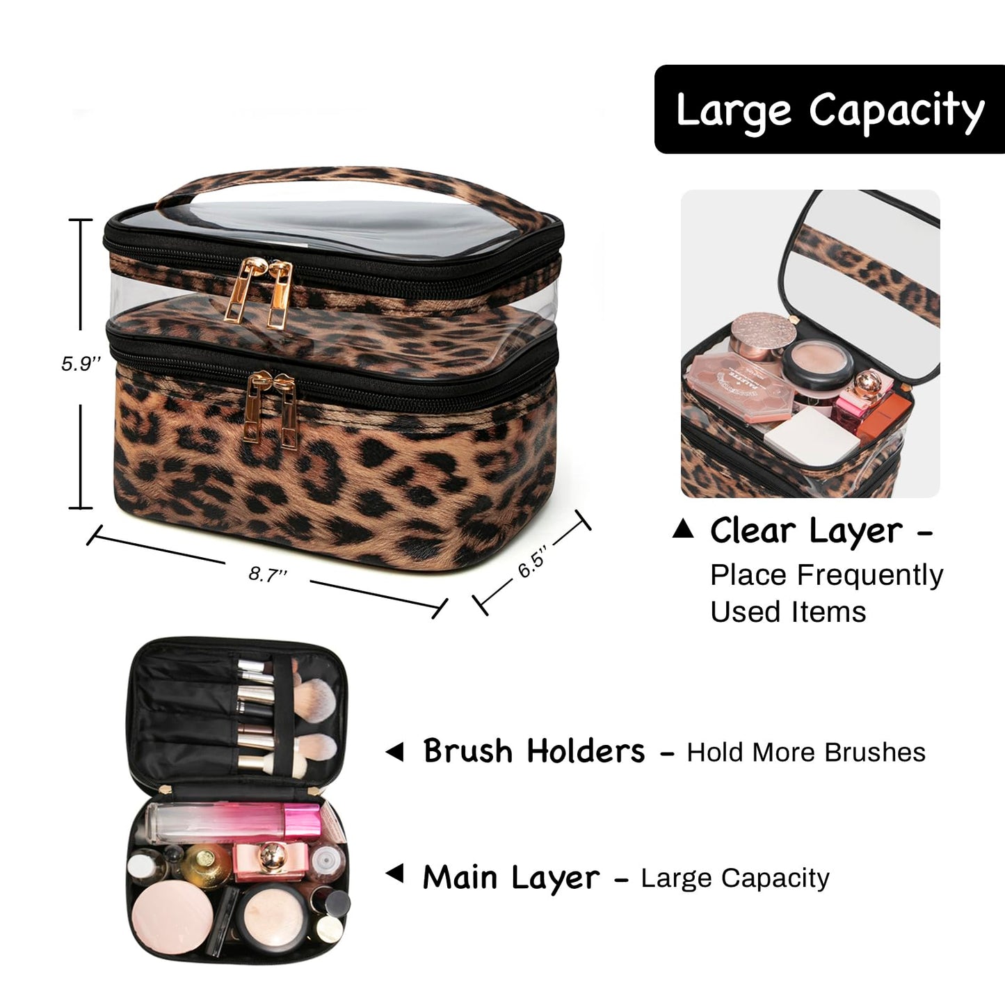 imerelez Double-Layer Cosmetic Bag – Portable Waterproof Travel Makeup Case for Women, Foldable Organizer Pouch (Leopard Print)