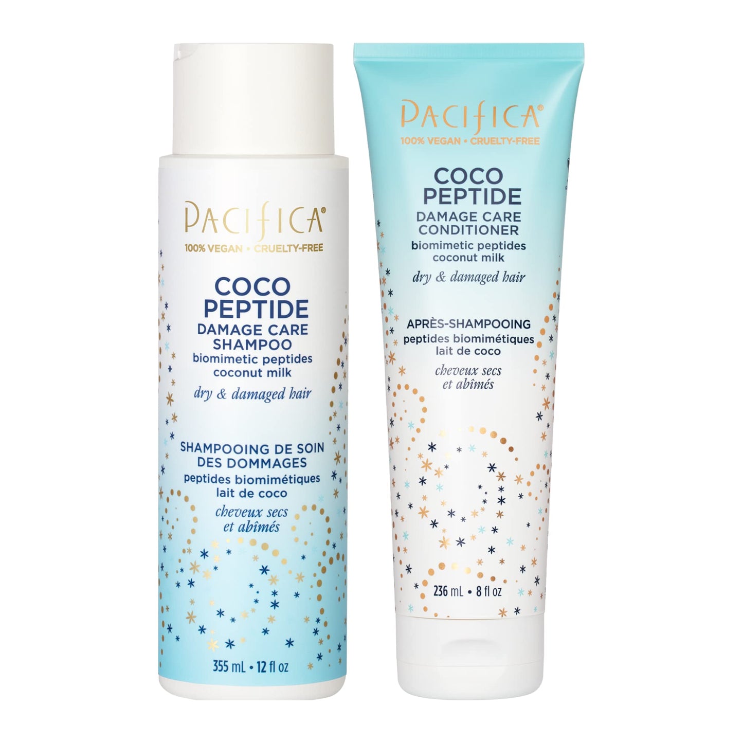 Pacifica Coco Peptide Damage Care Shampoo & Conditioner Set - Repairing Hair Care for Dry Damaged Hair Vegan Collagen & Peptides for Split Ends