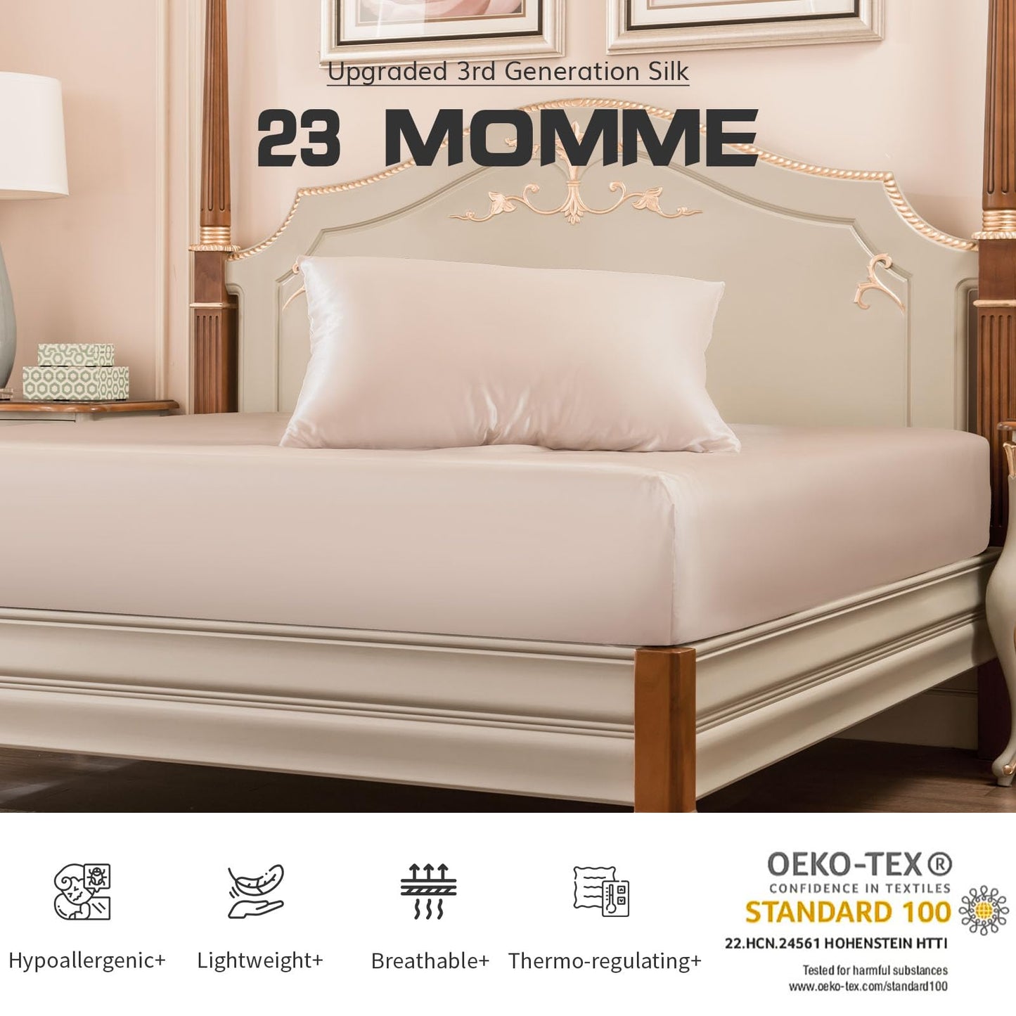 PROMEED 100% Mulberry Silk Queen Size Fitted Sheet ONLY, Premium 23 Momme Real Silk Bottom Bed Sheet 1pc with 16-Inch Deep Pocket (Champagne, Queen)