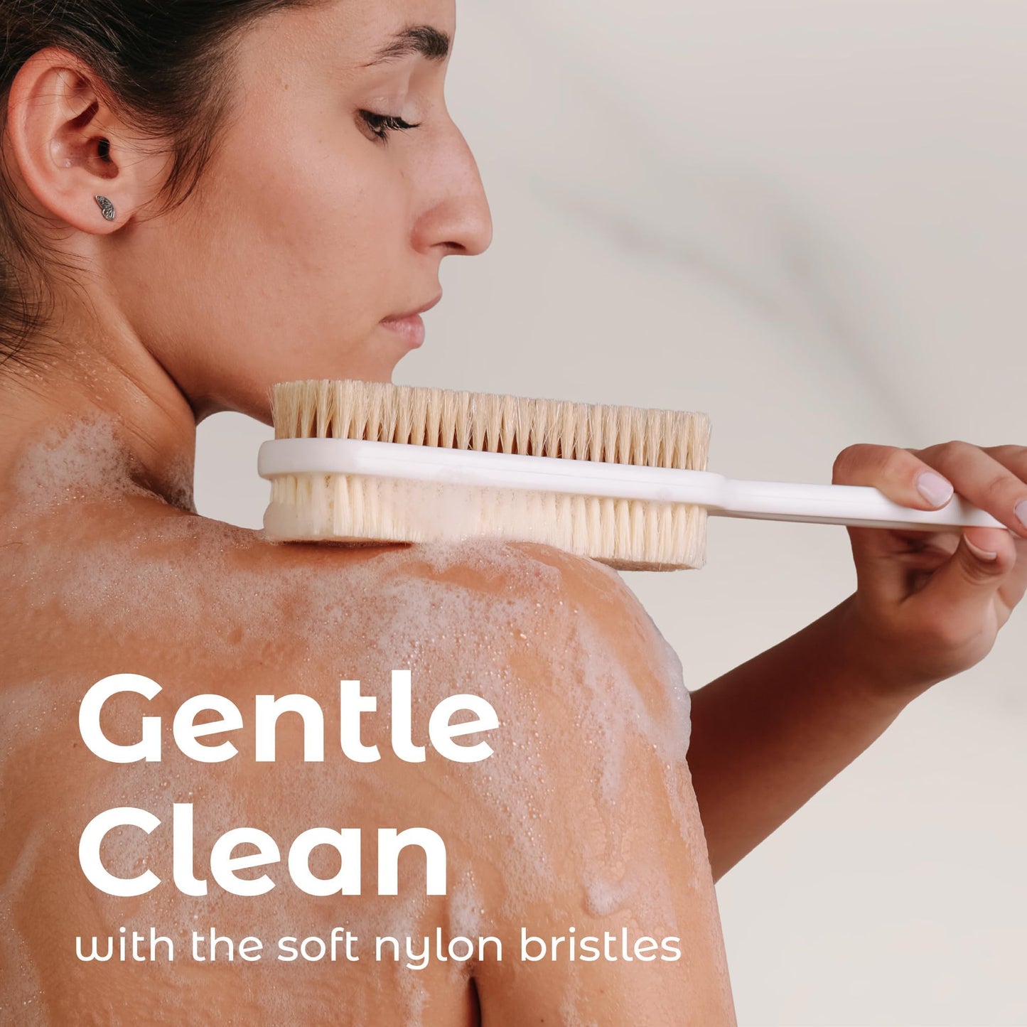 MainBasics Back Scrubber for Shower, Long Handle Body Brush with Dual-Sided Exfoliating and Soft Bristles, 15.75 Inch (White)