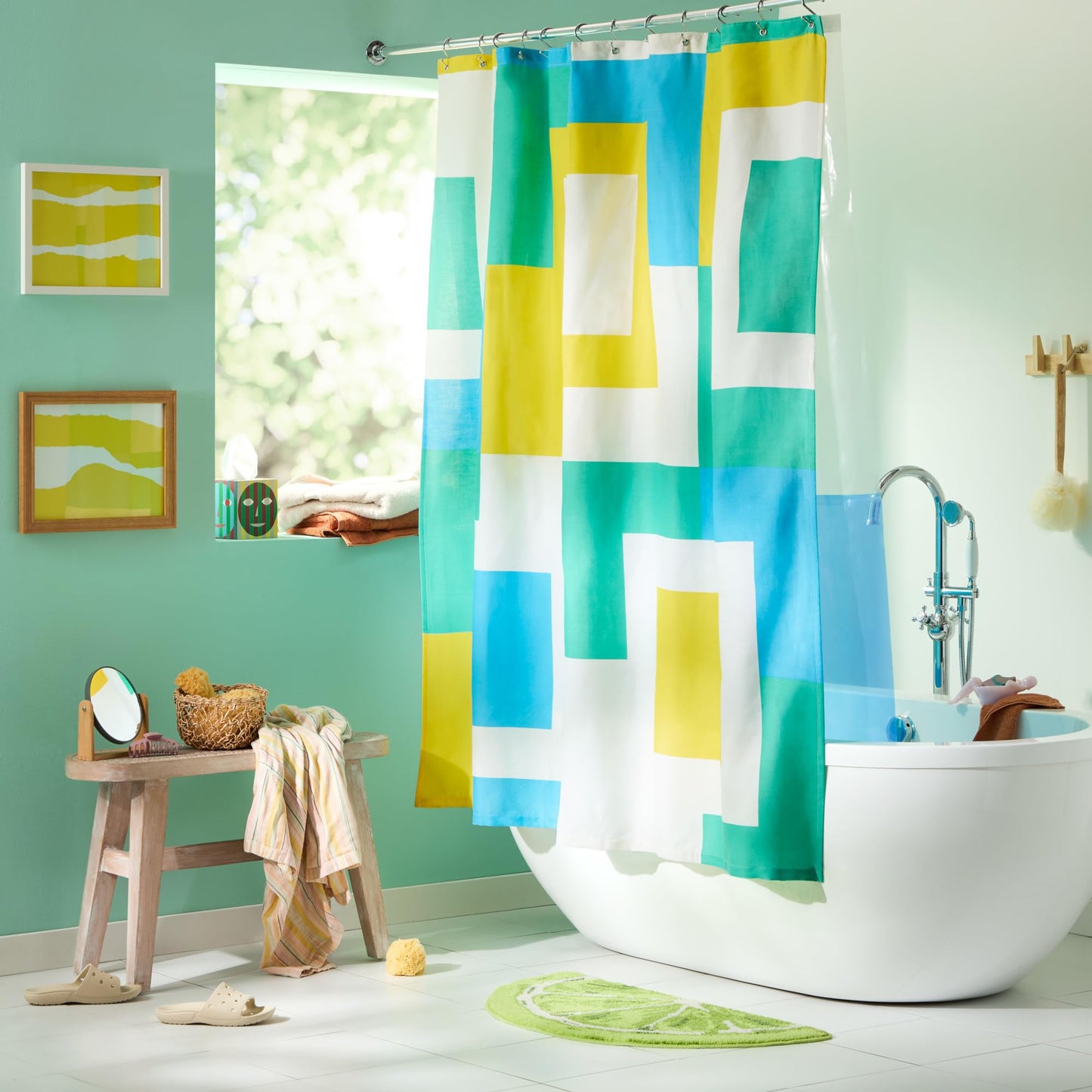 TOWN & COUNTRY PLAY Lucy Mid Century Squares Cotton-Rich Breathable Fabric Shower Curtain with Anti-Rust Grommets, White/Yellow/Green, 70"x72"