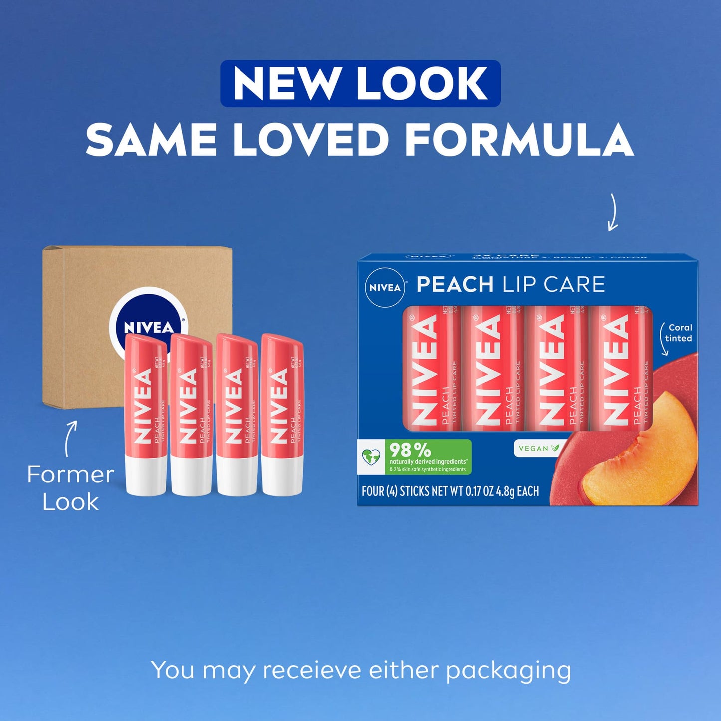NIVEA Peach Lip Care, Tinted Lip Balm Pack with Shea Butter, Nourishing Oils and Vitamin C & E, 3-in-1 Moisture, Repair and Color, 0.17 Oz Stick, Pack