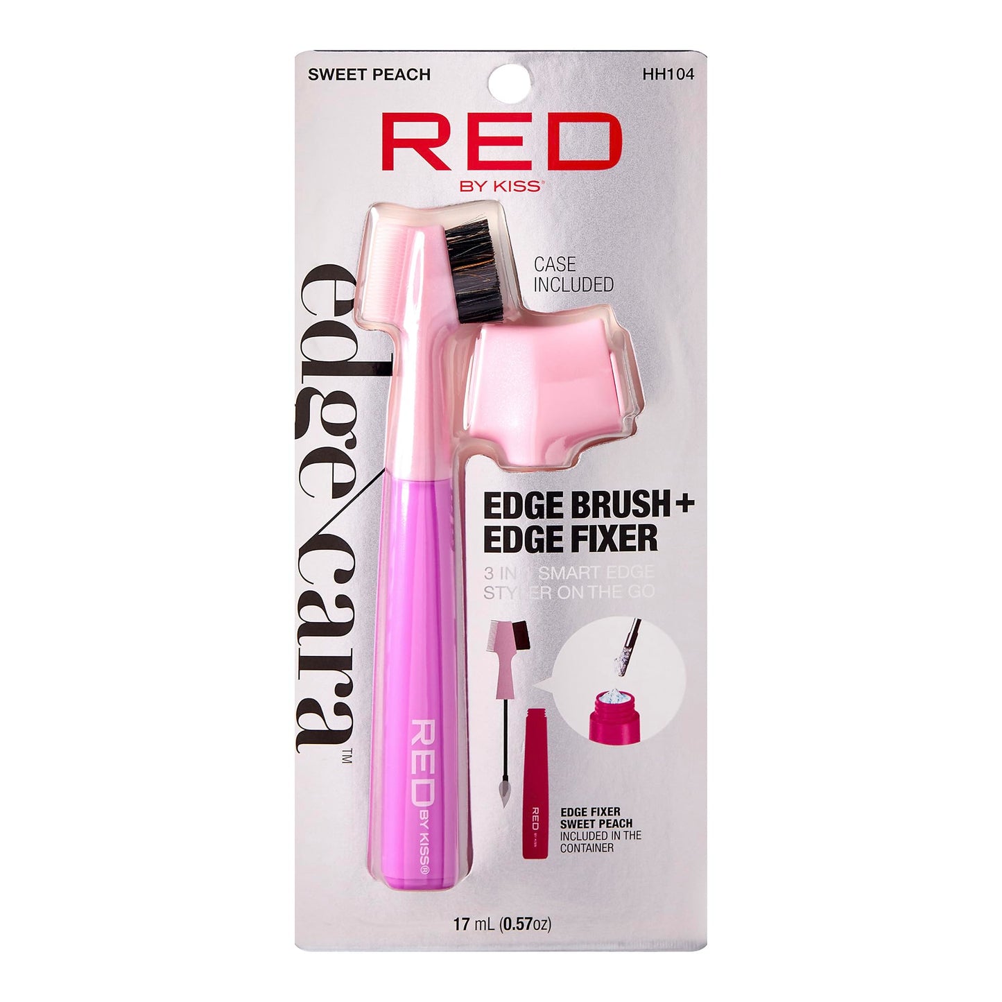 Red by Kiss Hair Brush with Edge Fixer Gel 3 in 1 Edge Control Styler for Women, Boar Bristle Brush, Sweet Peach