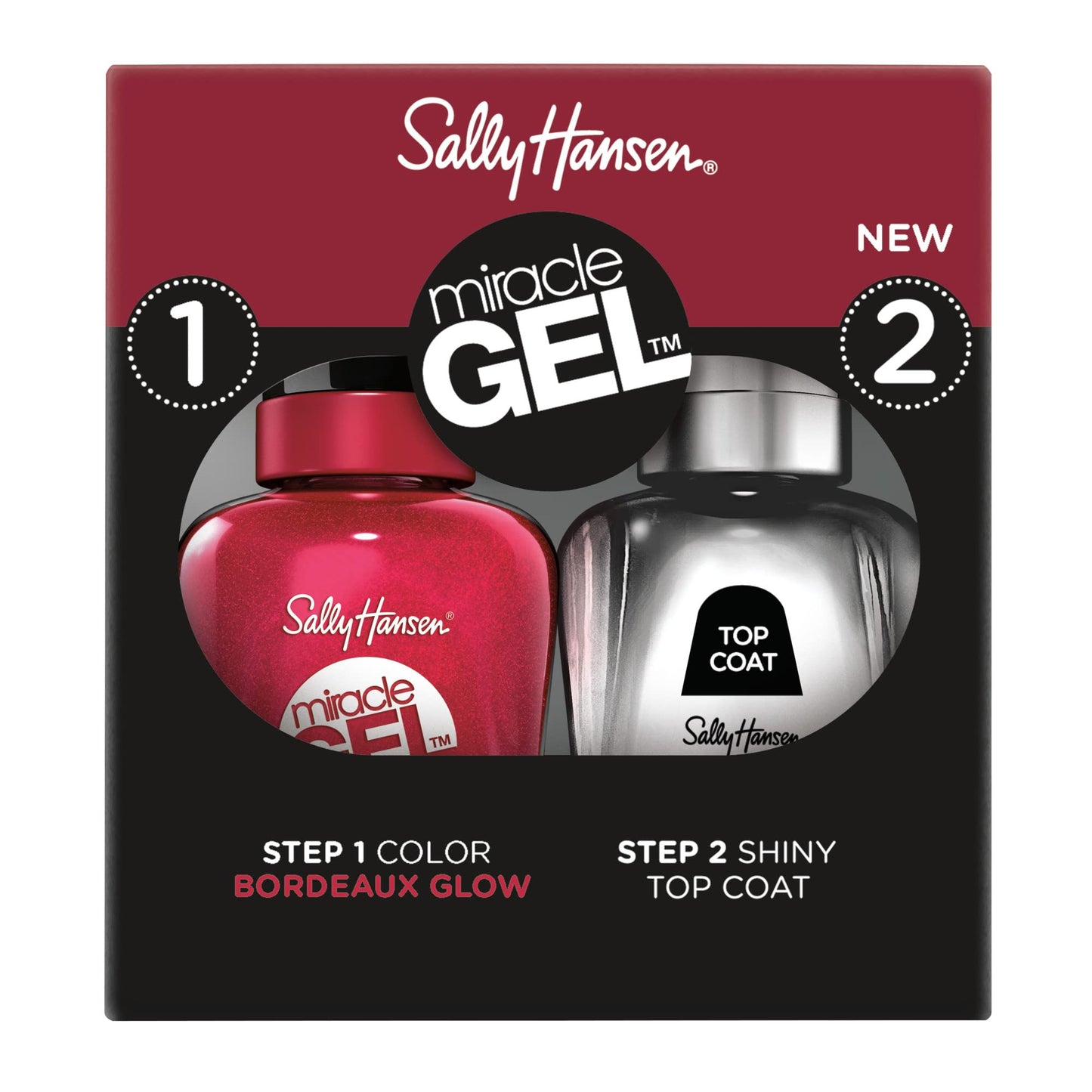 Sally Hansen Miracle Gel™, Bordeaux Glow and Shiny Top Coat Duo, Long Lasting, Gel-Like Formula, No UV Lamp Needed, Nail Polish Duo