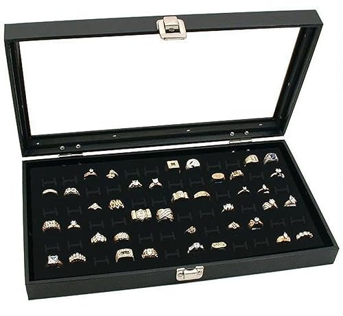 RJ Displays Glass Top Black Jewelry Display Case with 72 Slot Rings Tray. Comes with Free Jewelry Polishing Cloth
