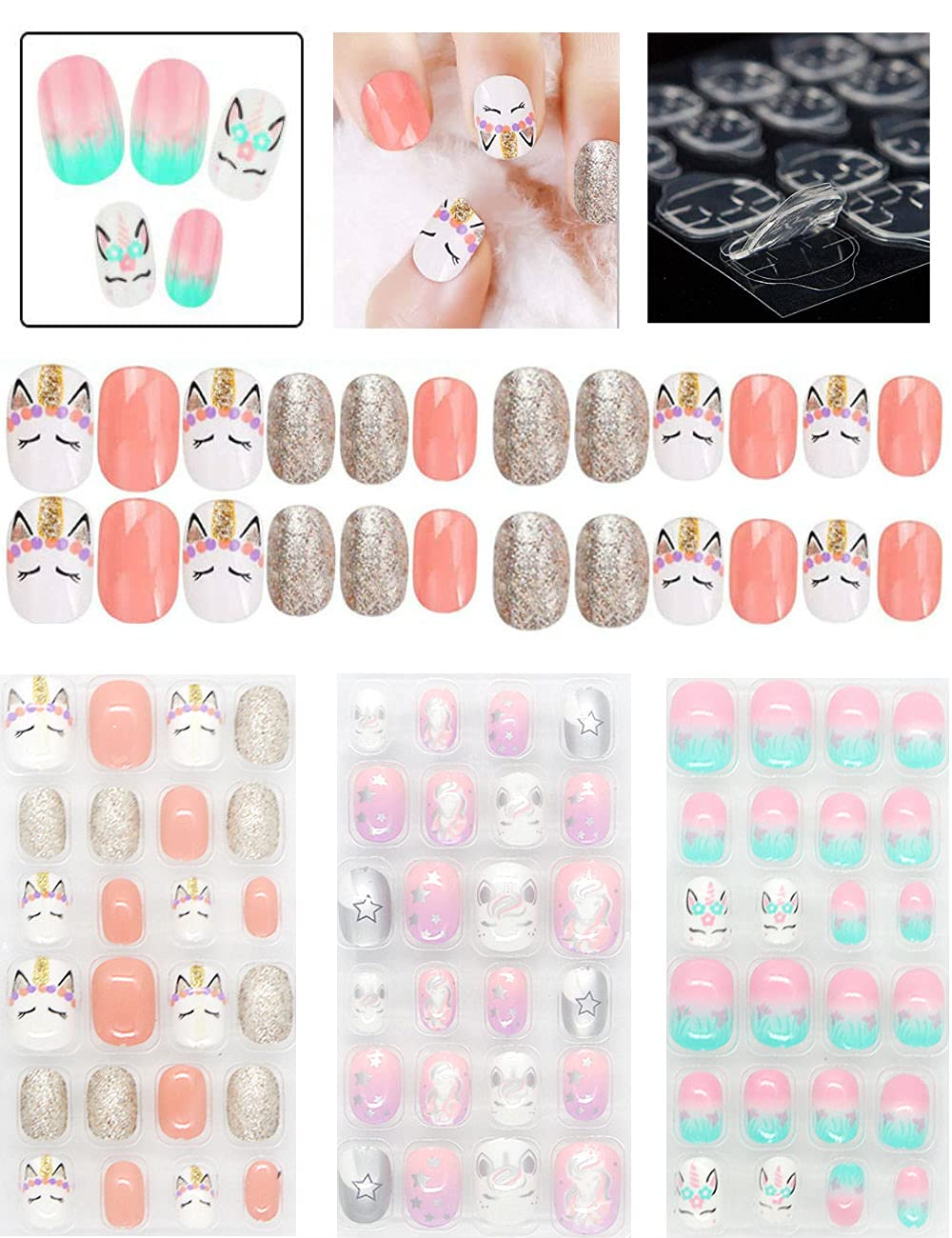 Rain Bingo 72 Pieces False Nails Press on Nails for Kids- Unicorn Short Fake Artificial Full Cover Nail Art Kits Transation with Nail Glue Tabs