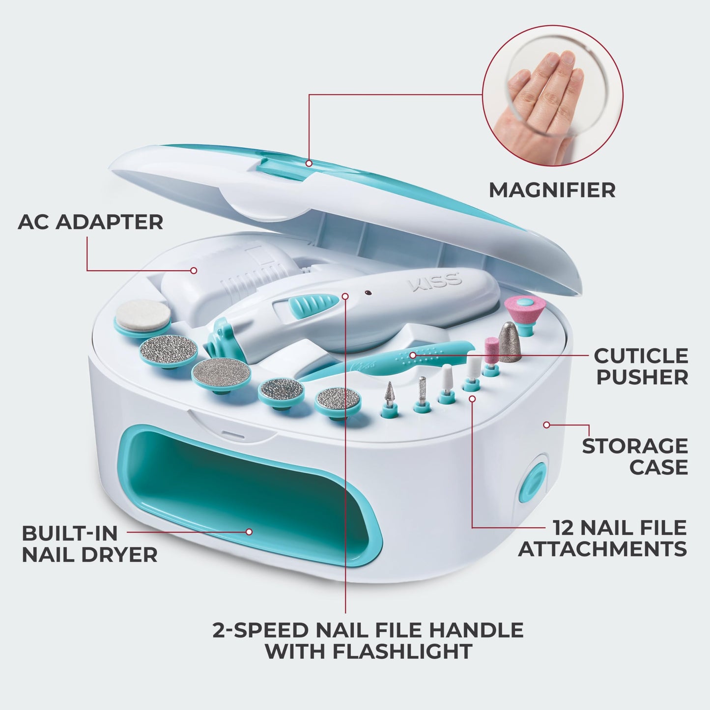 Kiss Professional, Electric Nail Drill/Electric Nail File & Nail Dryer System, Includes 12 attachments, Cuticle Pusher, A/C Adapter, Storage case Beauty & Personal Care KISS