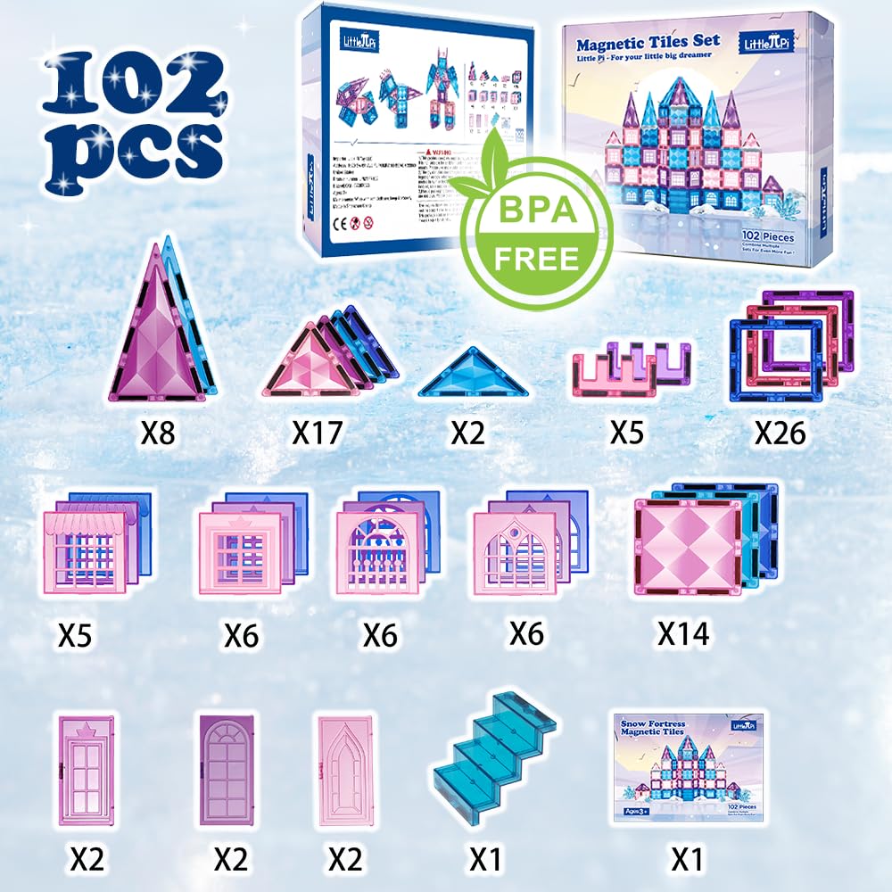 Little Pi 102pcs Frozen Princess Castle Magnetic Tiles – 3D STEM Building Blocks for Kids Ages 3-8, Pretend Play & Birthday Gifts