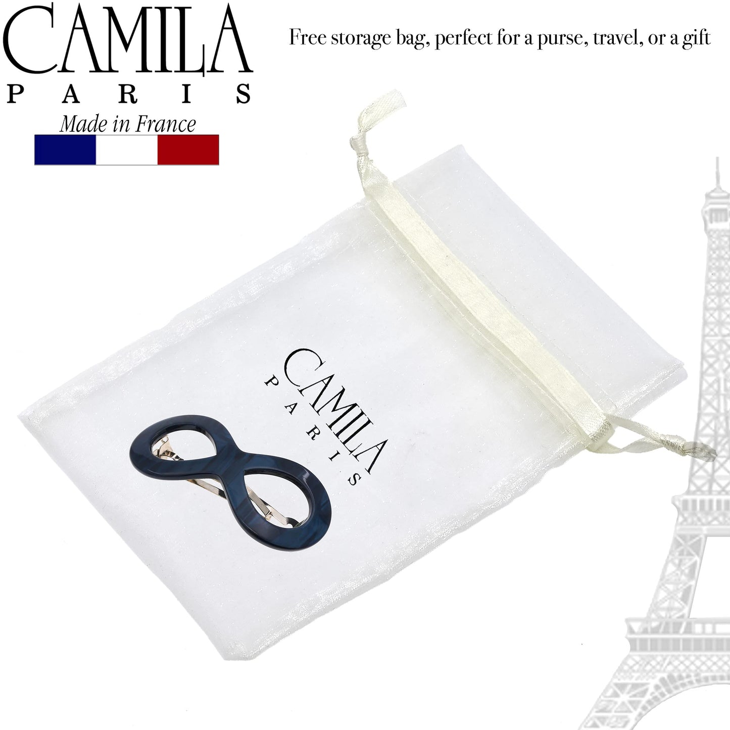 Camila Paris CP3275 French Hair Barrette Clip for Girls, Handmade, Blue, Strong Hold Grip Hair Clips for Women, No Slip and Durable Styling Girls Hair
