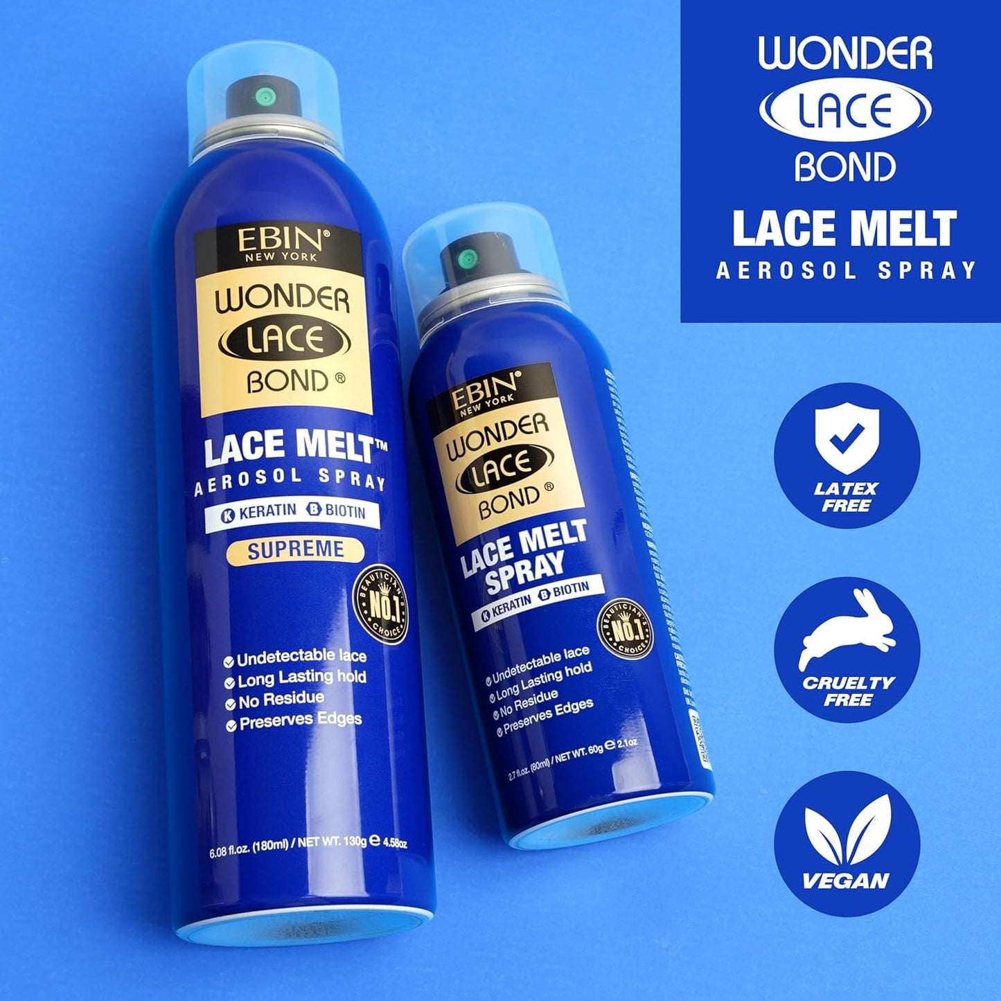 EBIN NEW YORK Wonder Lace Bond Lace Melt Aerosol Spray Keratin + Biotin | Extra Firm Hold Wig Adhesive Spray | seamless Natural Hairline | 2.7 Fl Oz