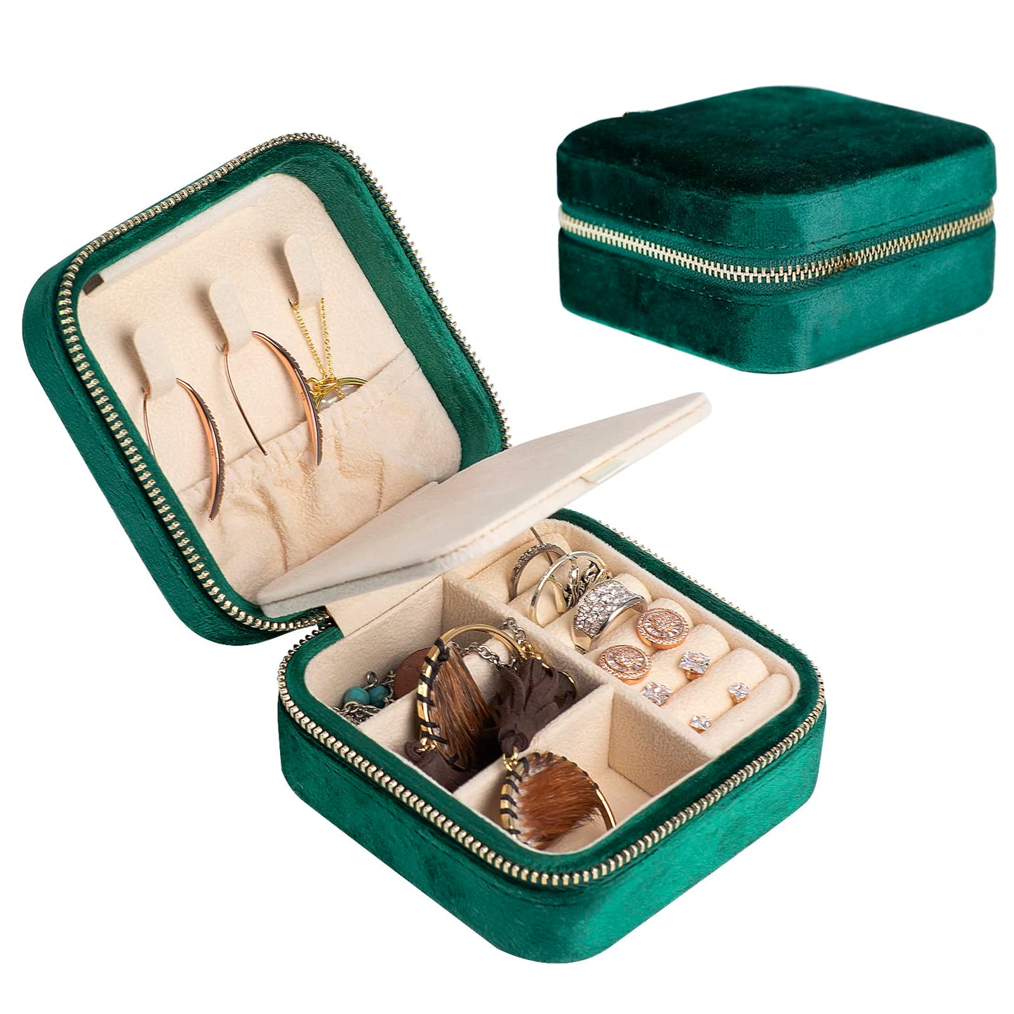 SoleGood Plush Velvet Small Jewelry Box Necklace Ring Storage Organizer Mini Jewelry case Jewelry Travel Organizer for Women Girls (Green)