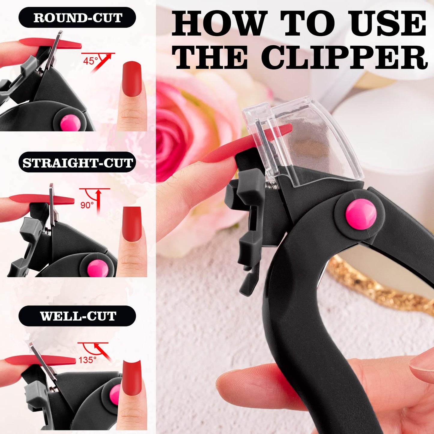 Belleboost Adjustable Acrylic Nail Clippers with Sizer, Catcher and Length Measurement, Black Professional Dial Stainless Steel Blade Nail Tips