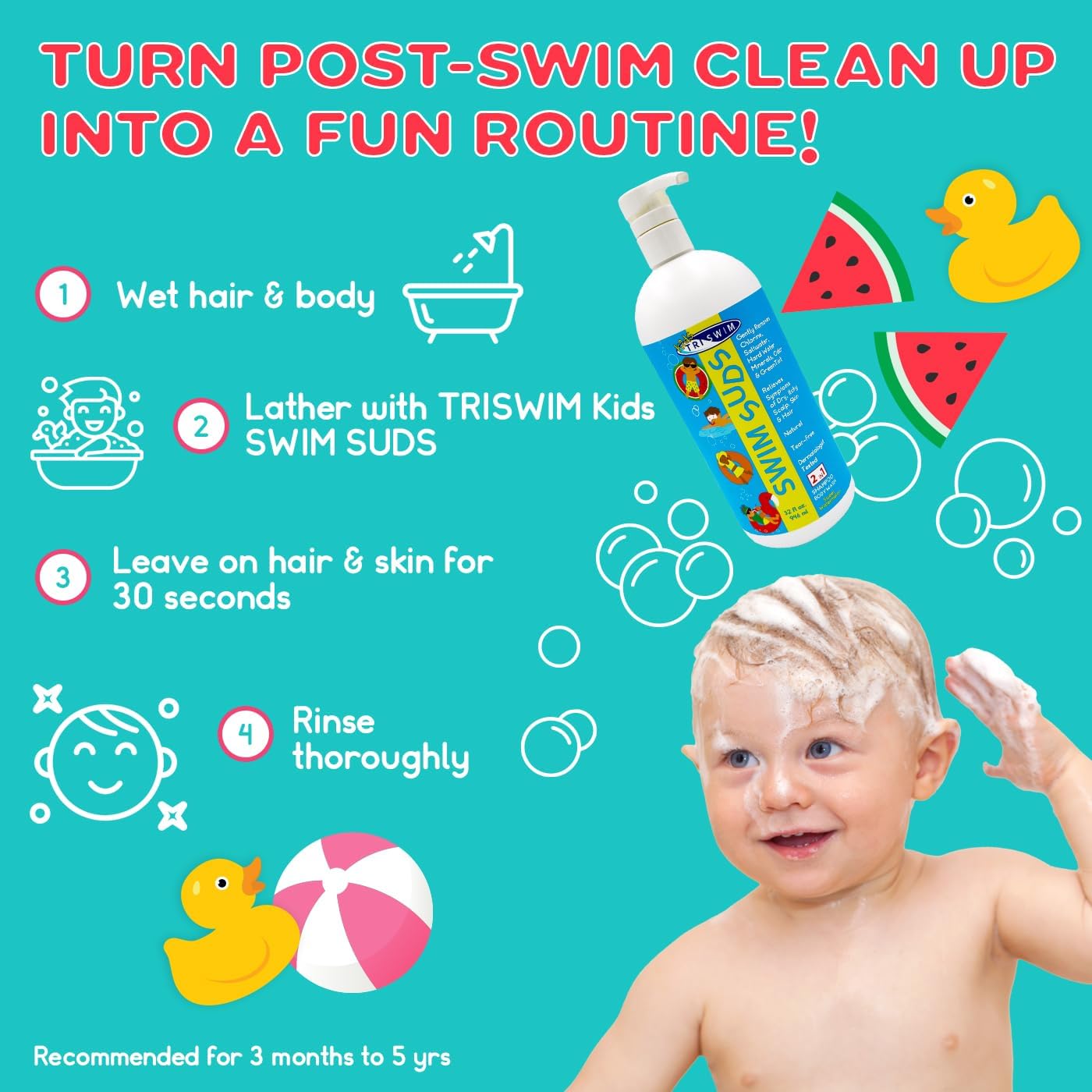 TRISWIM Kids Swim Suds 2-in-1 Tear-Free Shampoo & Body Wash 32oz | Natural Chlorine-Out Formula, Removes Green Tint | No Parabens or Dyes | Gentle