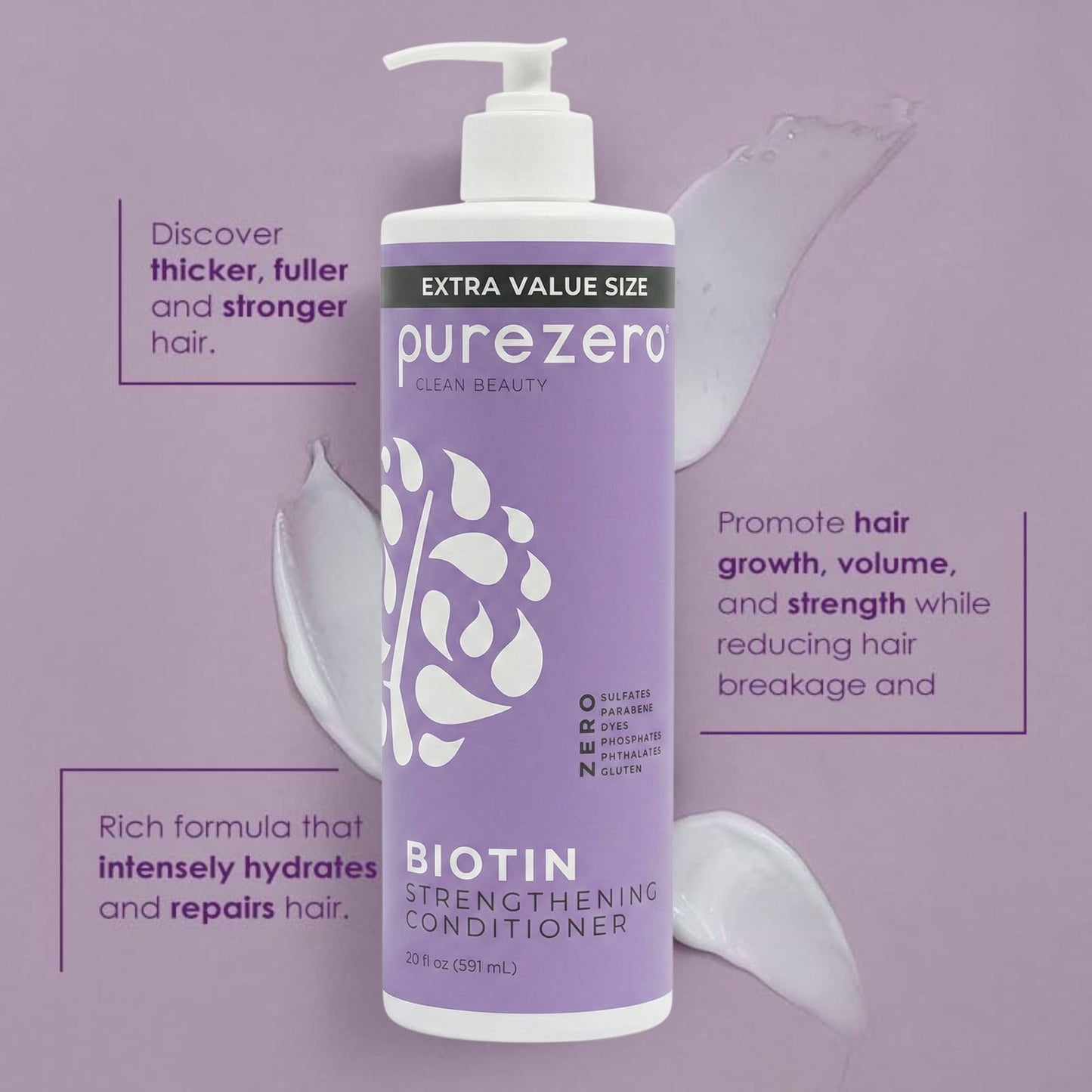 Purezero Biotin Shampoo & Conditioner Set - Anti Thinning Formula - Volumizing, Thicker, Fuller Hair - Zero Sulfates, Parabens, Dyes, Gluten - 100%