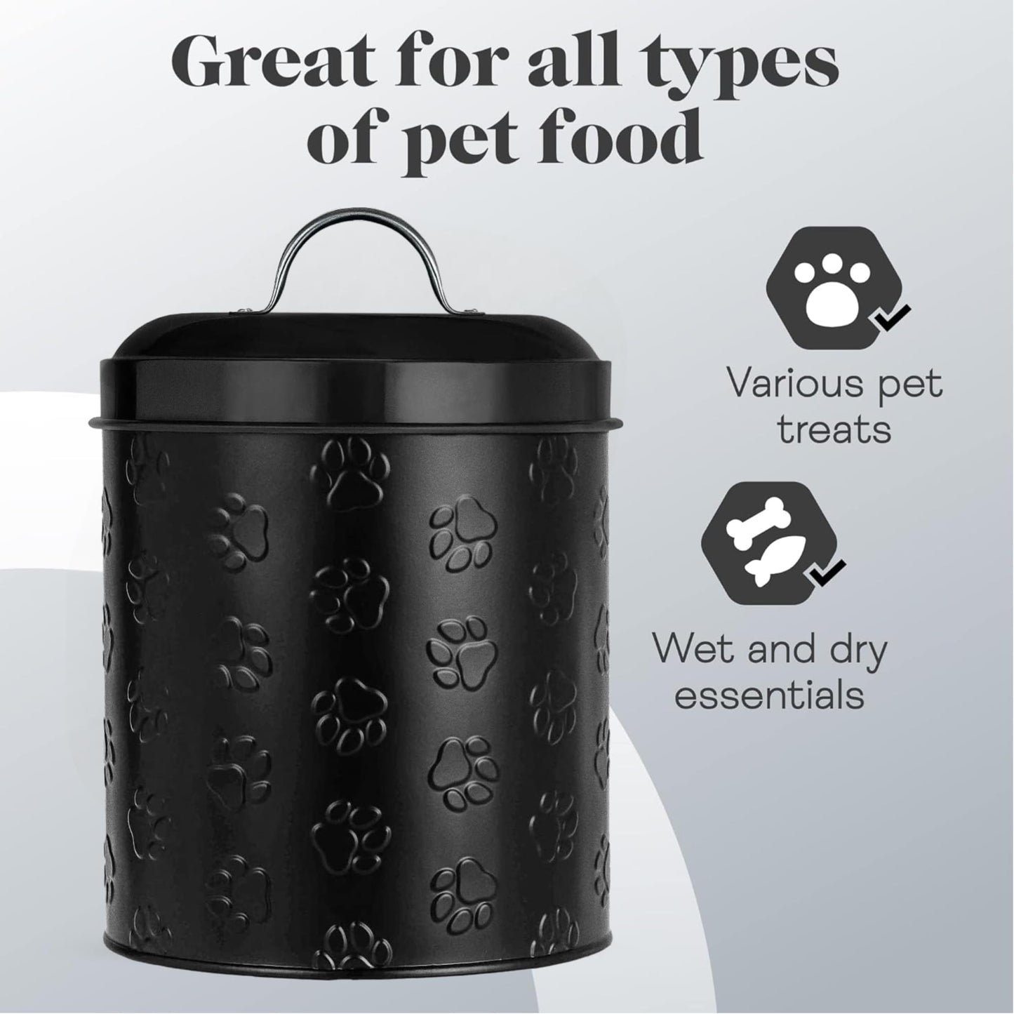 Amici Pet Puppy Paws Black Metal Canister with Embossed Paw Design - Large 140 oz Airtight Food Storage Jar for Wet or Dry Pet Foods - (8" H x 6" W)…