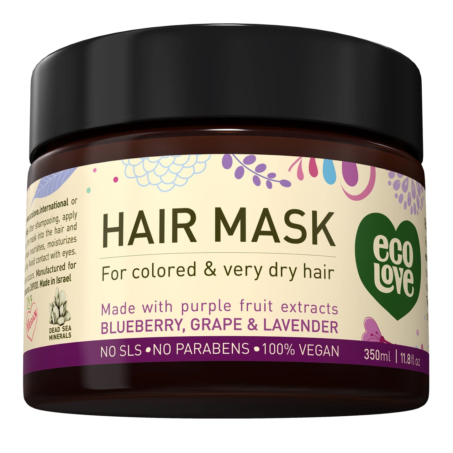 ecoLove Hair Mask for Dry Damaged Hair, Natural Hair Mask Deep Conditioning, 11.8 oz - Vegan and Cruelty-Free, With Lavender Extract, Organic