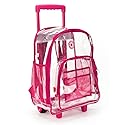 NiceAndGreat Rolling Clear Backpack Heavy Duty Bookbag Quality See Through Workbag Travel Daypack Transparent School Book Bags with Wheels Hot Pink