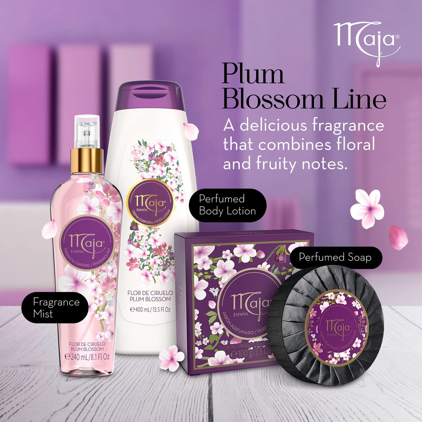 Maja Plum Blossom Perfumed Body Mist with Floral and Fruity notes to refresh yourself any time, Transparent Purple, 8.1 Fl Oz, Spray Bottle