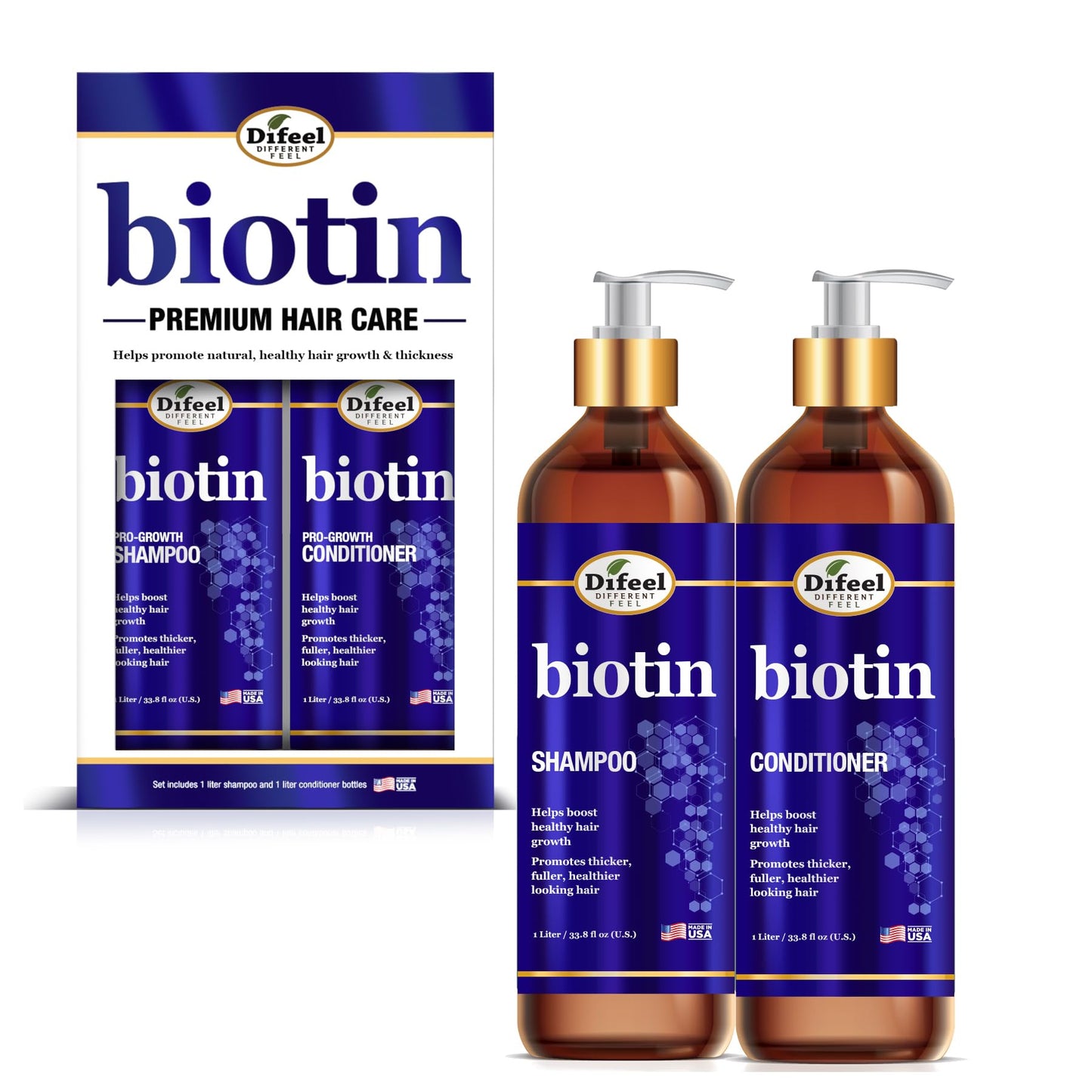 Difeel Elevated Biotin Shampoo & Conditioner LARGE 33.8oz 2-PC Gift Set - Shampoo and Conditioner for Thinning Hair and Hair Loss, Sulfate Free