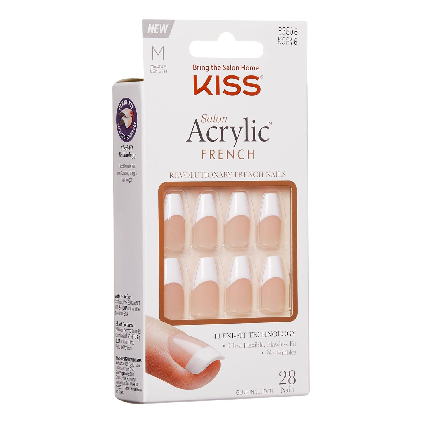 KISS Salon Acrylic French Nail Manicure Set, Medium Length, Square, “Je T'aime”, Nail Kit Includes Pink Gel Nail Glue (Net Wt. 2 g / 0.07oz.), Mini