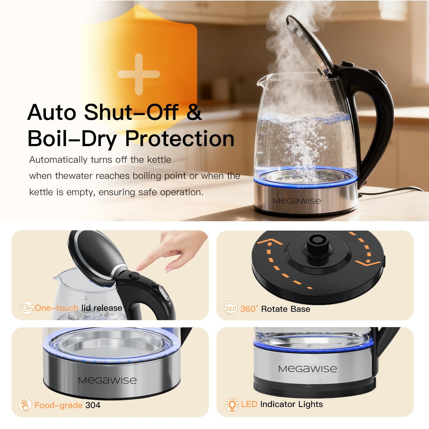 Megawise Electric Glass Kettle with Auto Shut-Off (1.8L)