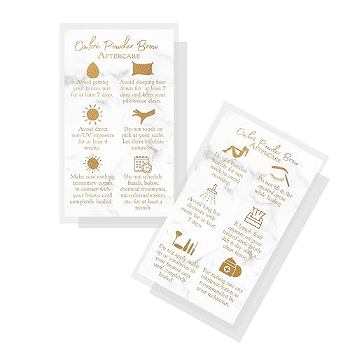 Ombre Powder Brow Aftercare Instructions Cards | 50 Pack | Double Sided Size 2x3.5" inches Business Card | Marble Look and Gold Design