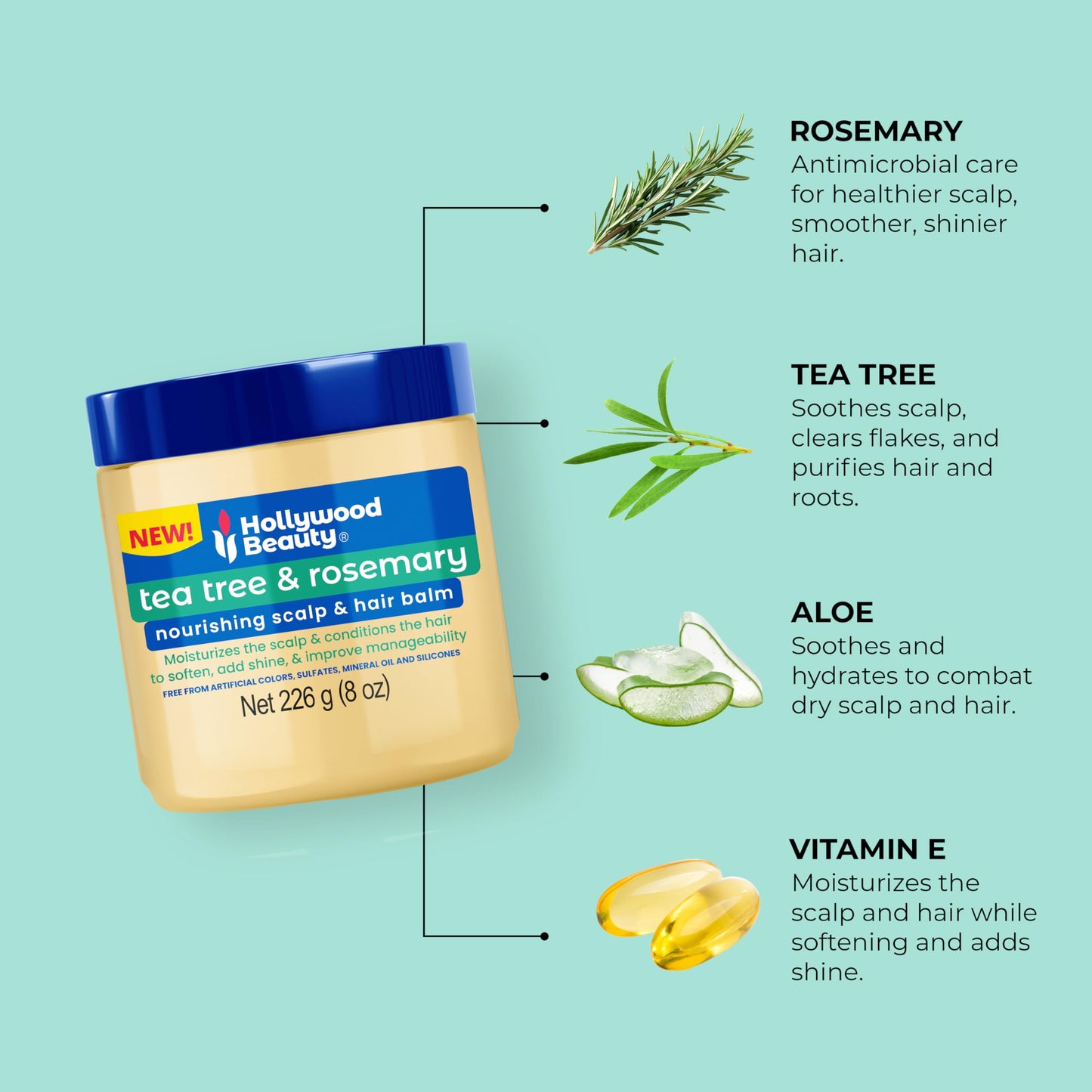 Hollywood Beauty Tea Tree & Rosemary Nourishing Scalp & Hair Balm, 8 oz - Conditions and Softens Hair