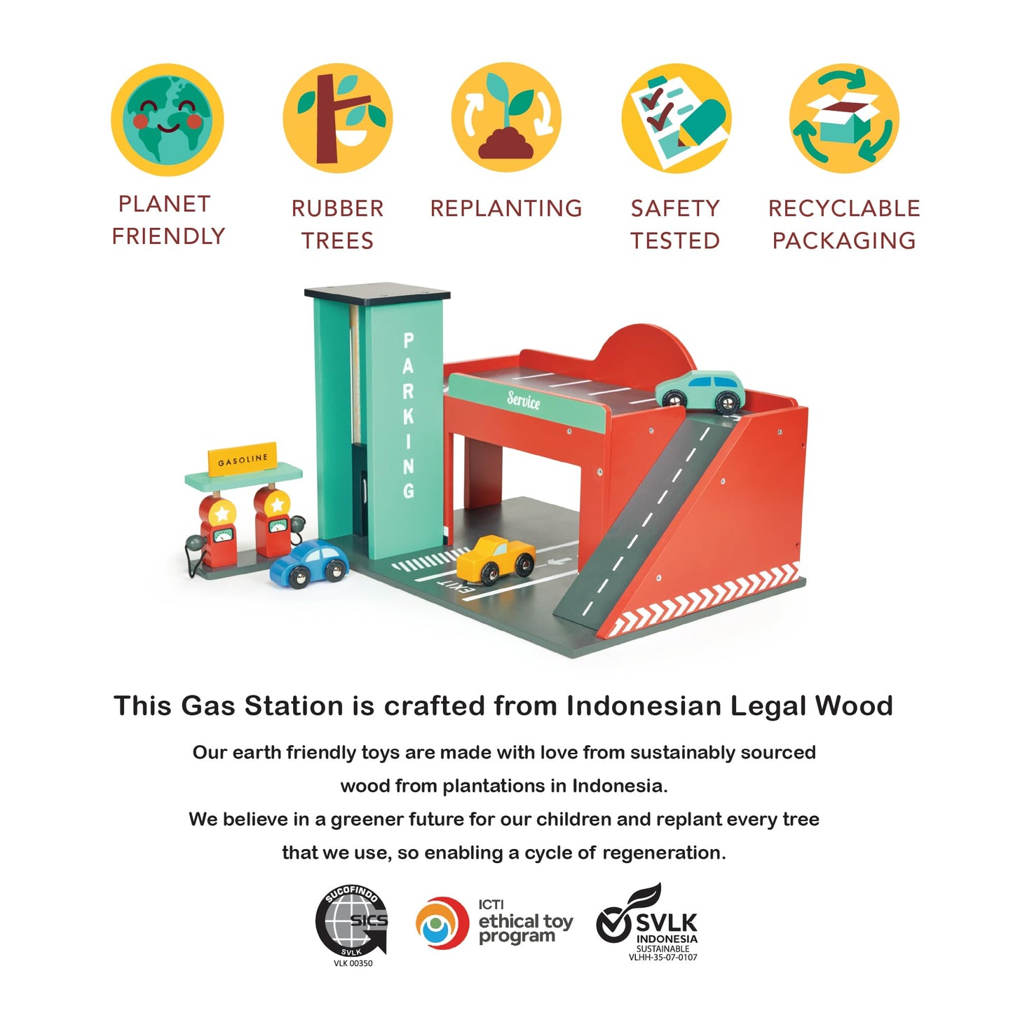 Mentari Toys Wooden Gas Station Playset – Garage with Lift, Cars, Ramp & Gas Pumps – Imaginative Role Play Toy for Kids Ages 3+