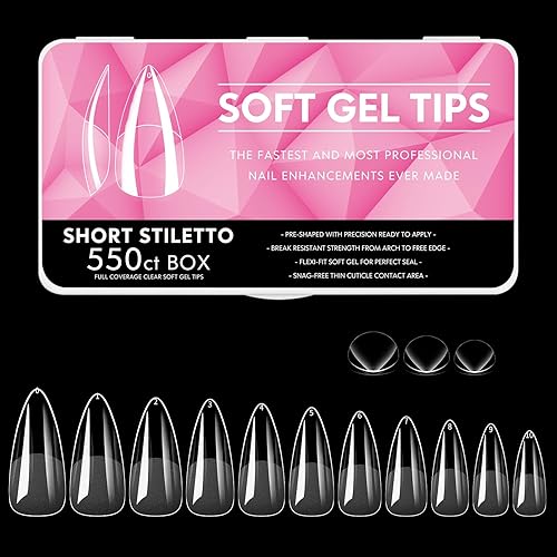 Cycullinyt 550pcs Stiletto Soft Gel Nail Tips, 11 Sizes Long Stiletto Nails Full Cover Acrylic Press on False Nail Tips No Trace for Beginners