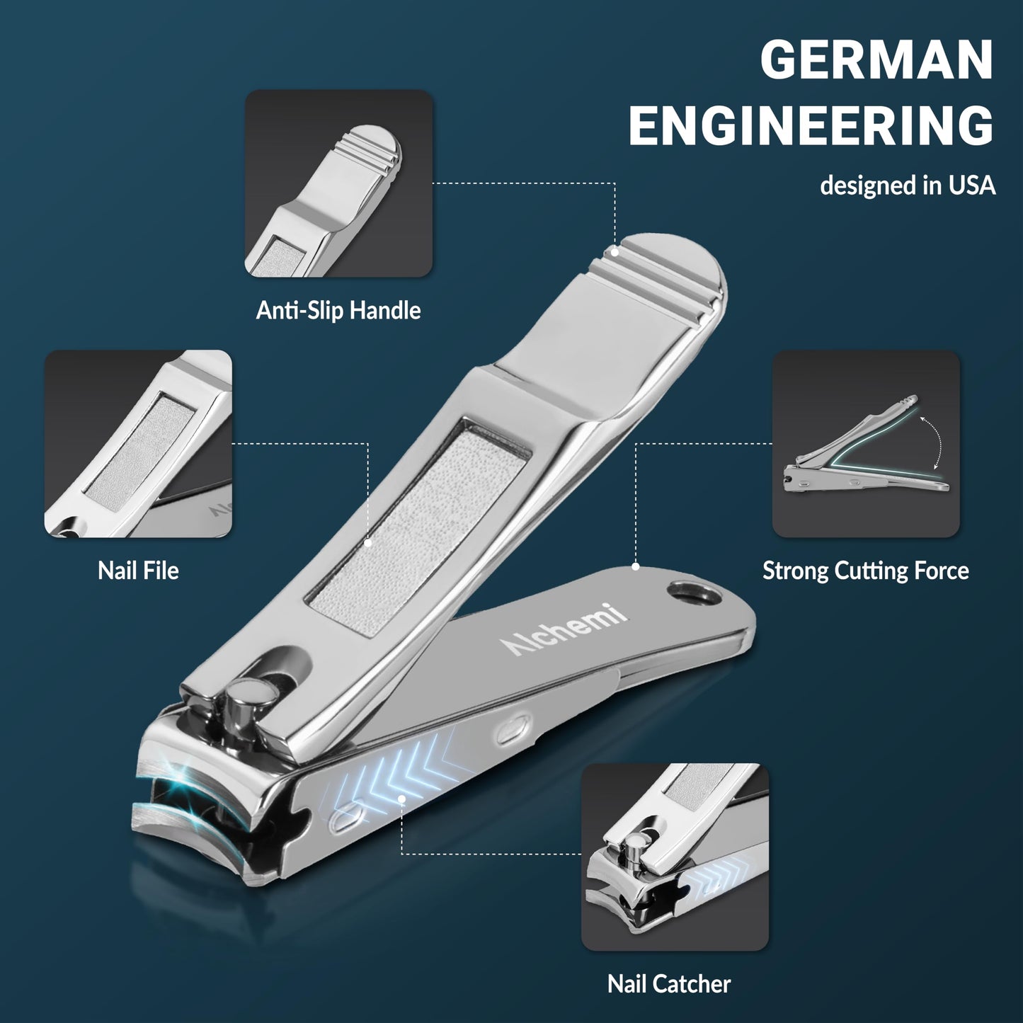 Alchemi Curved Blade Nail Clippers with Catcher, Surgical Sharp Fingernail & Toenail Clippers for Men Thick Nails, Heavy Duty No Splash Nail Cutters