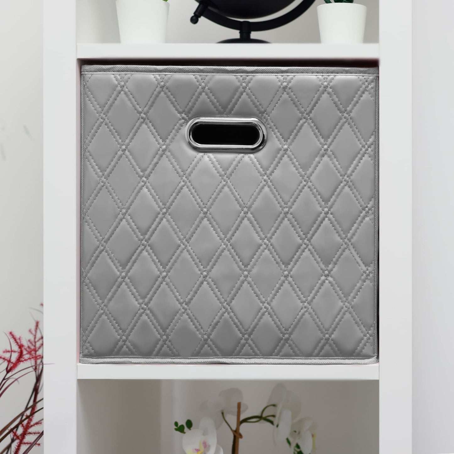 JIAessentials 11 inch Foldable Diamond Patterned Faux Leather Storage Cube Bins Set of Two with Handles for living room, bedroom and office storage…