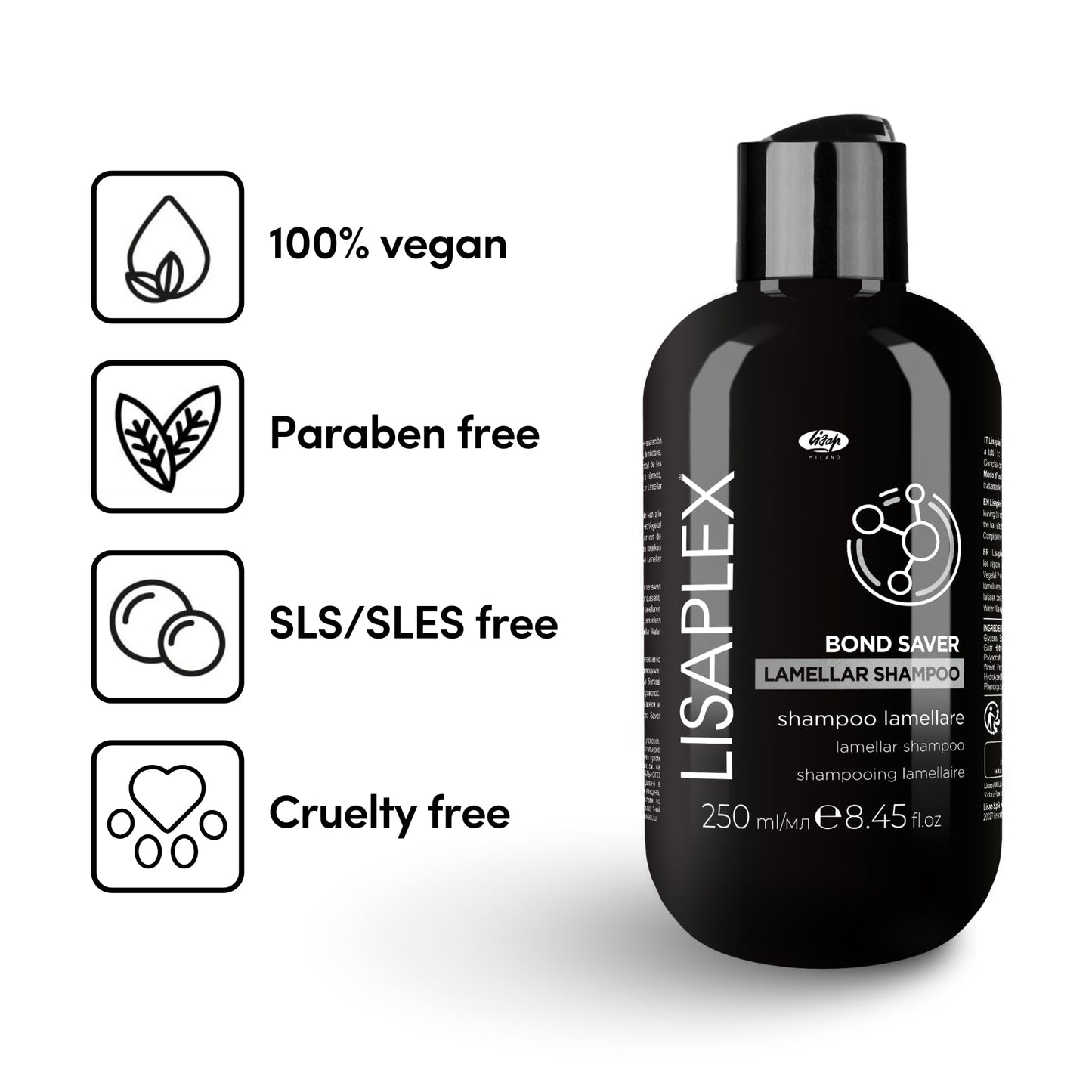 Lisap Lisaplex Bond Saver Lamellar Shampoo for All Hair Types - Damaged Hair Repair, Care & Strengthen, Sulfate Free, 8.45 fl oz