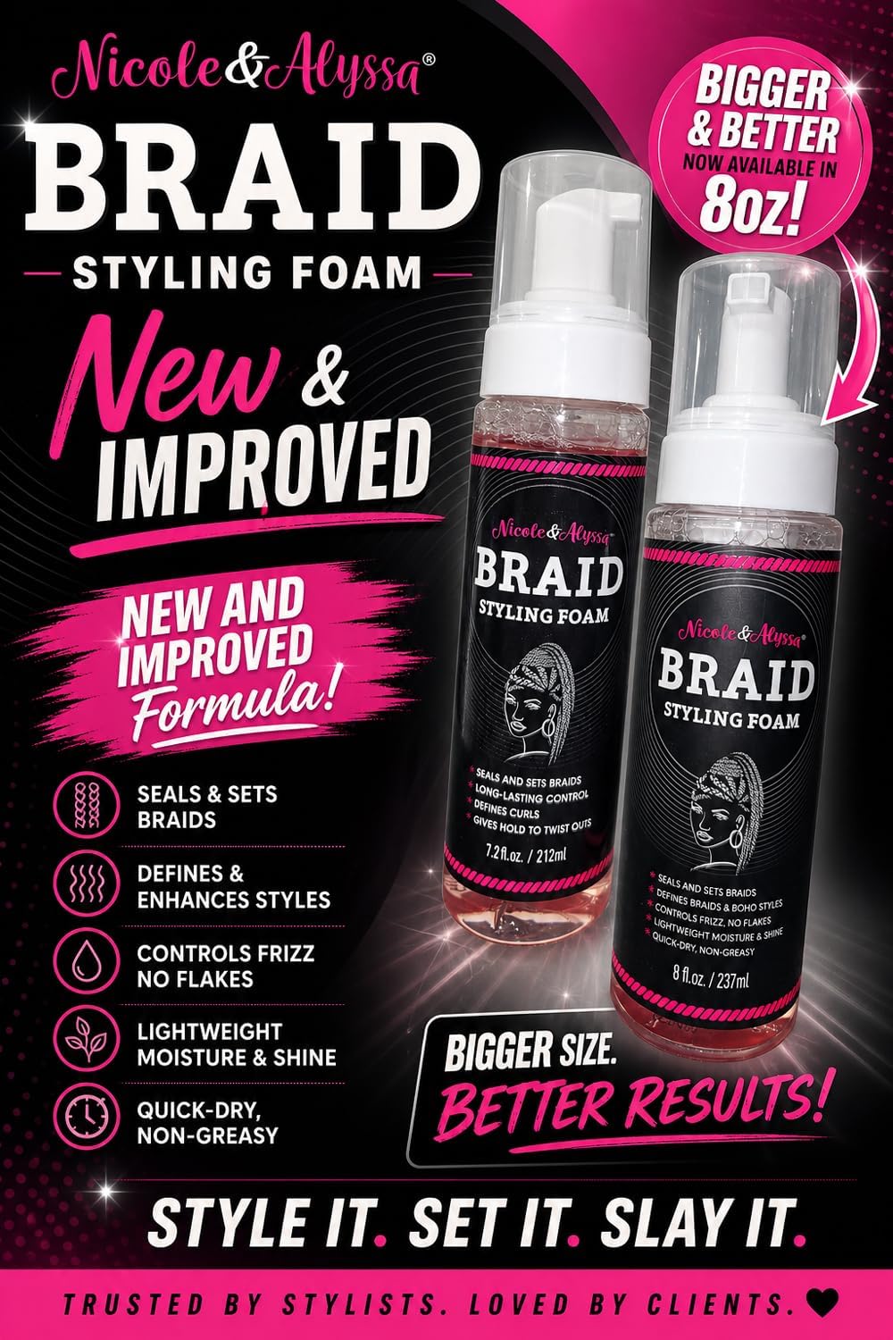 Nicole & Alyssa Braid Styling Foam 8oz - Extra Hold Foam Mousse for Braids, Boho Braids, Crochet Styles, Twists & Locs - High Shine, Flake-Free