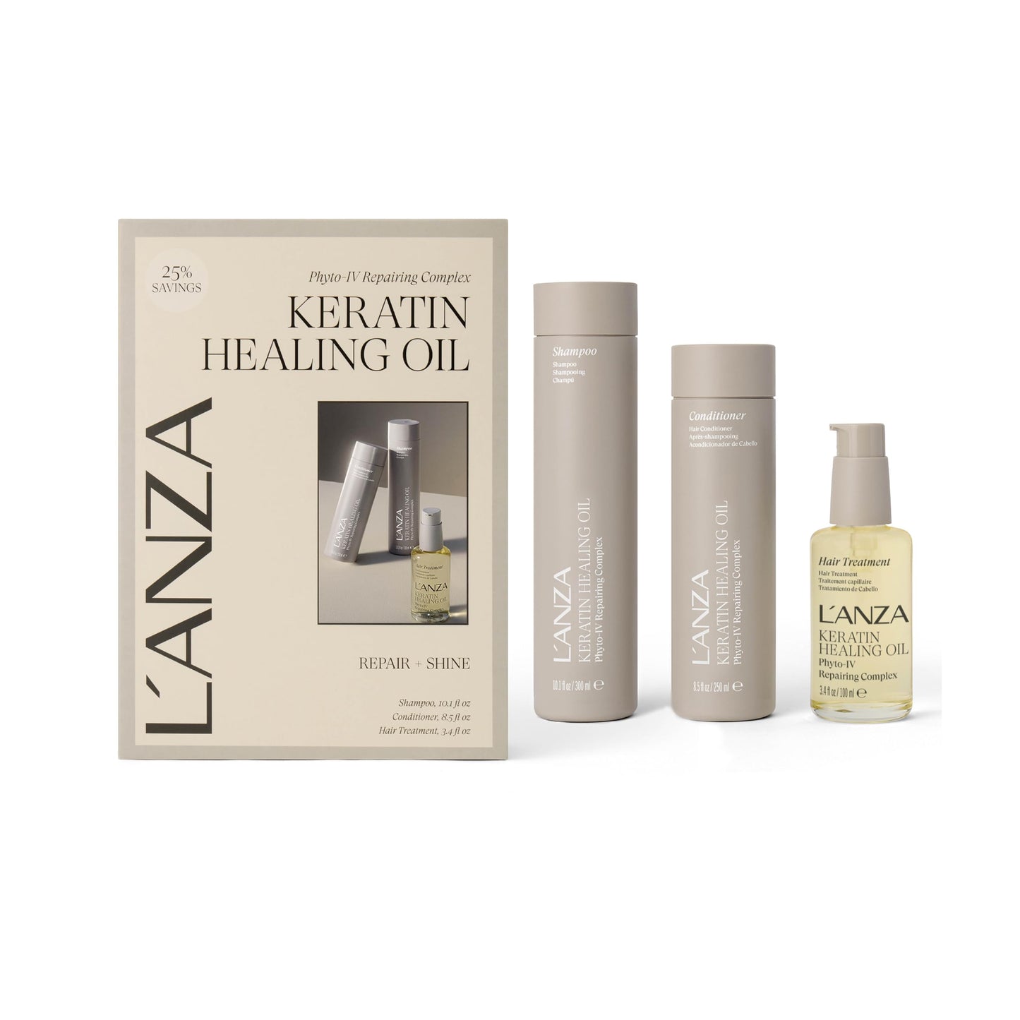 L'ANZA Keratin Healing Oil Hair Treatment, Shampoo & Conditioner Set, for Dry Damaged Locks, Moisturizing, Detangles, Reduces Breakage, Adds Shine