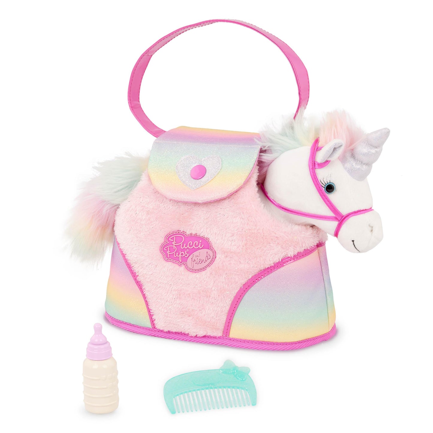 Pucci Pups - Plush Pet- Dog Carrier - Toy Unicorn - Rainbow Bag & Sparkly Comb - Stuffed Animal - 3+ Years