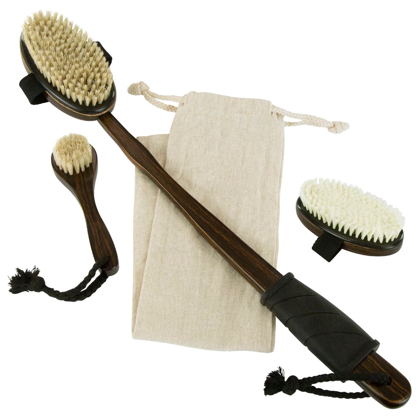Vive Dry Brush Set for Lymphatic Drainage (3 Pieces) - Brushing Scrubber for Exfoliating, Body Cellulite and Skin Massage - 100% Natural Boar Hair